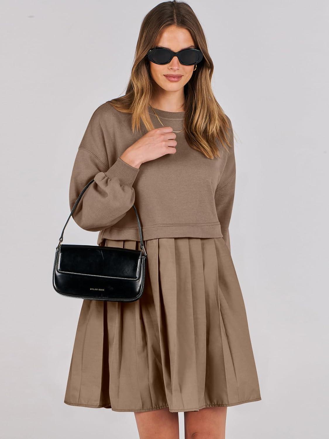 imageANRABESS Women Sweatshirts Dress Oversized Long Sleeve Patchwork Casual Loose Pleated Pullover Mini Dress Fall Outfits 2025Khaki