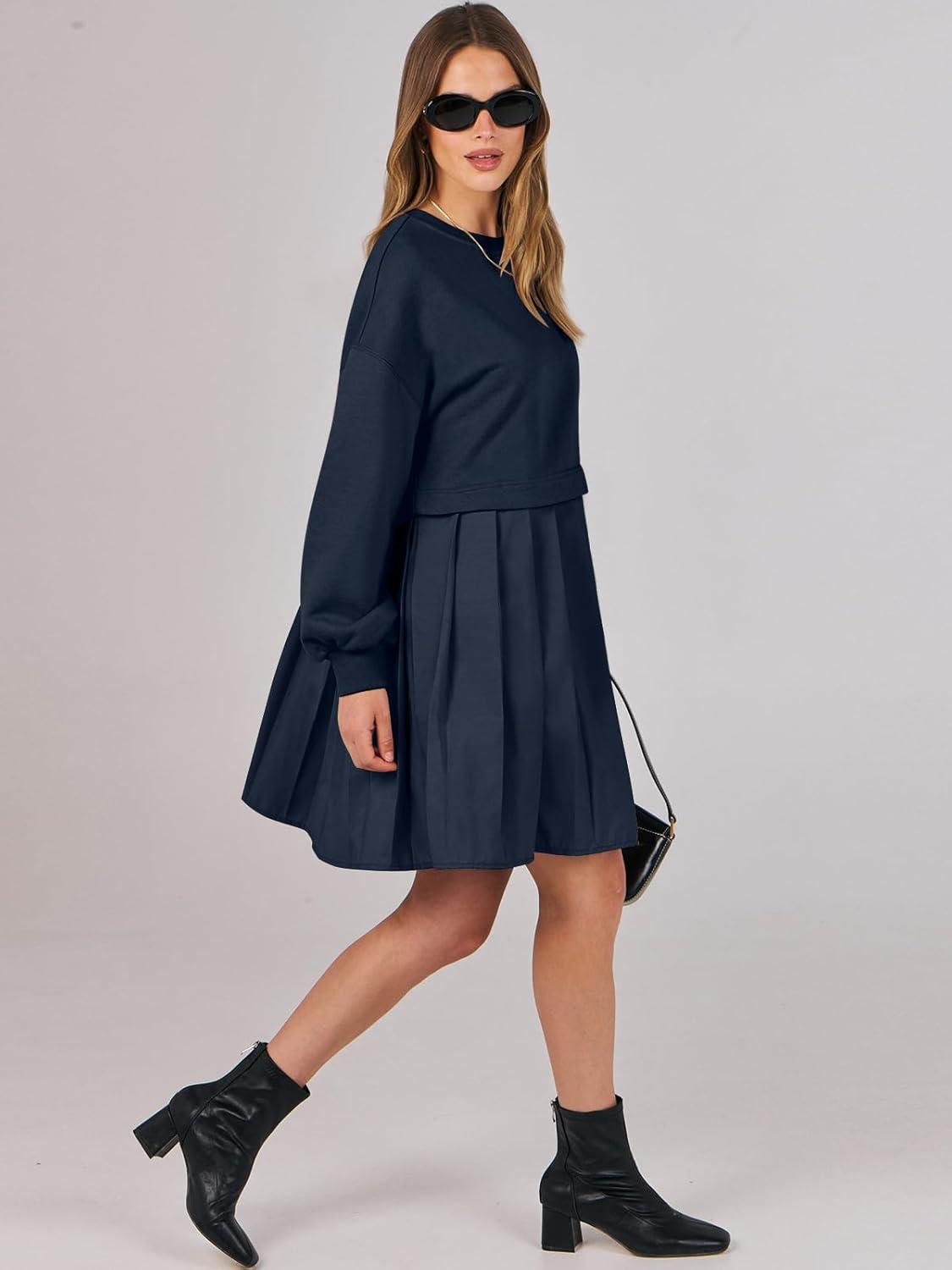 imageANRABESS Women Sweatshirts Dress Oversized Long Sleeve Patchwork Casual Loose Pleated Pullover Mini Dress Fall Outfits 2025Navy Blue