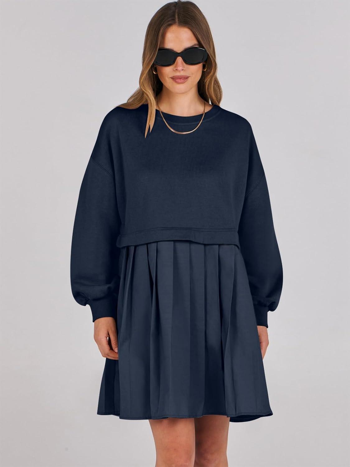 imageANRABESS Women Sweatshirts Dress Oversized Long Sleeve Patchwork Casual Loose Pleated Pullover Mini Dress Fall Outfits 2025Navy Blue