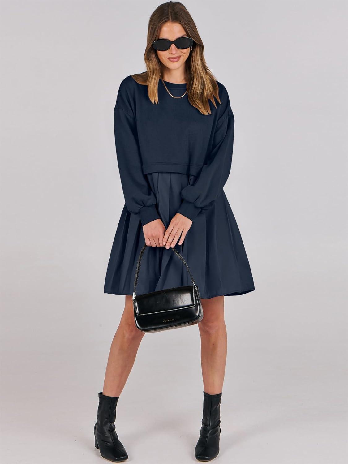 imageANRABESS Women Sweatshirts Dress Oversized Long Sleeve Patchwork Casual Loose Pleated Pullover Mini Dress Fall Outfits 2025Navy Blue