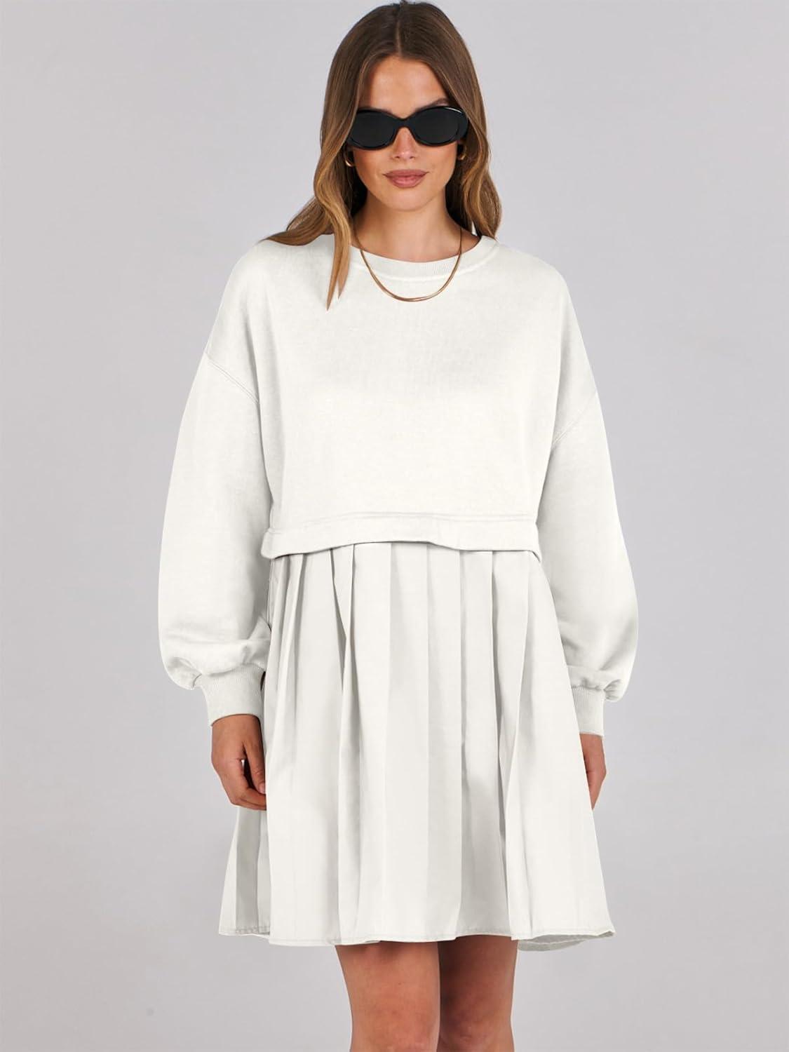 imageANRABESS Women Sweatshirts Dress Oversized Long Sleeve Patchwork Casual Loose Pleated Pullover Mini Dress Fall Outfits 2025White