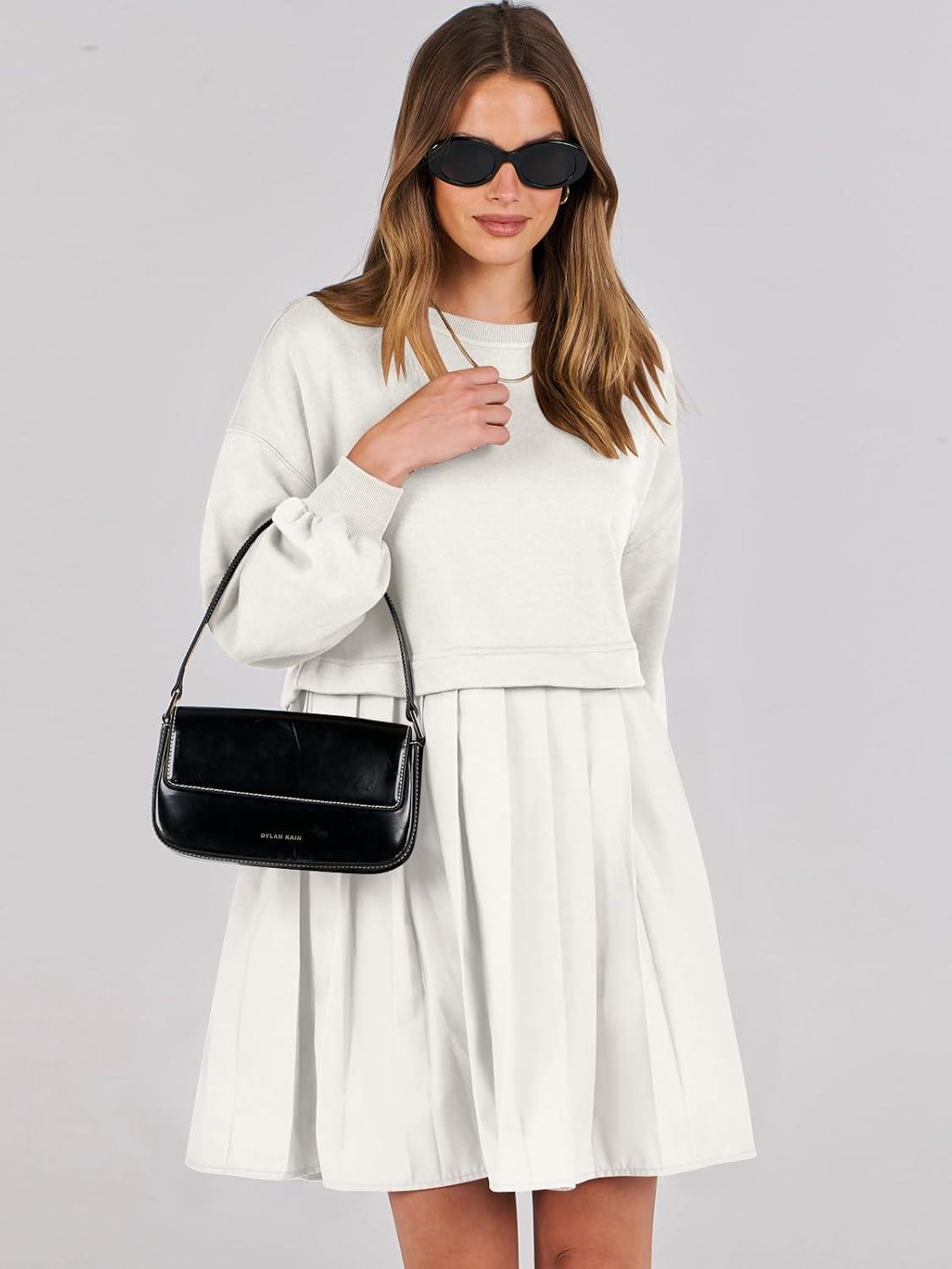 imageANRABESS Women Sweatshirts Dress Oversized Long Sleeve Patchwork Casual Loose Pleated Pullover Mini Dress Fall Outfits 2025White