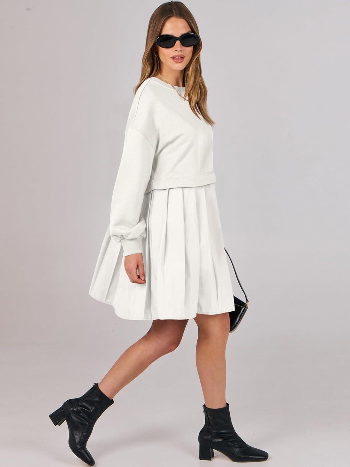 imageANRABESS Women Sweatshirts Dress Oversized Long Sleeve Patchwork Casual Loose Pleated Pullover Mini Dress Fall Outfits 2025White