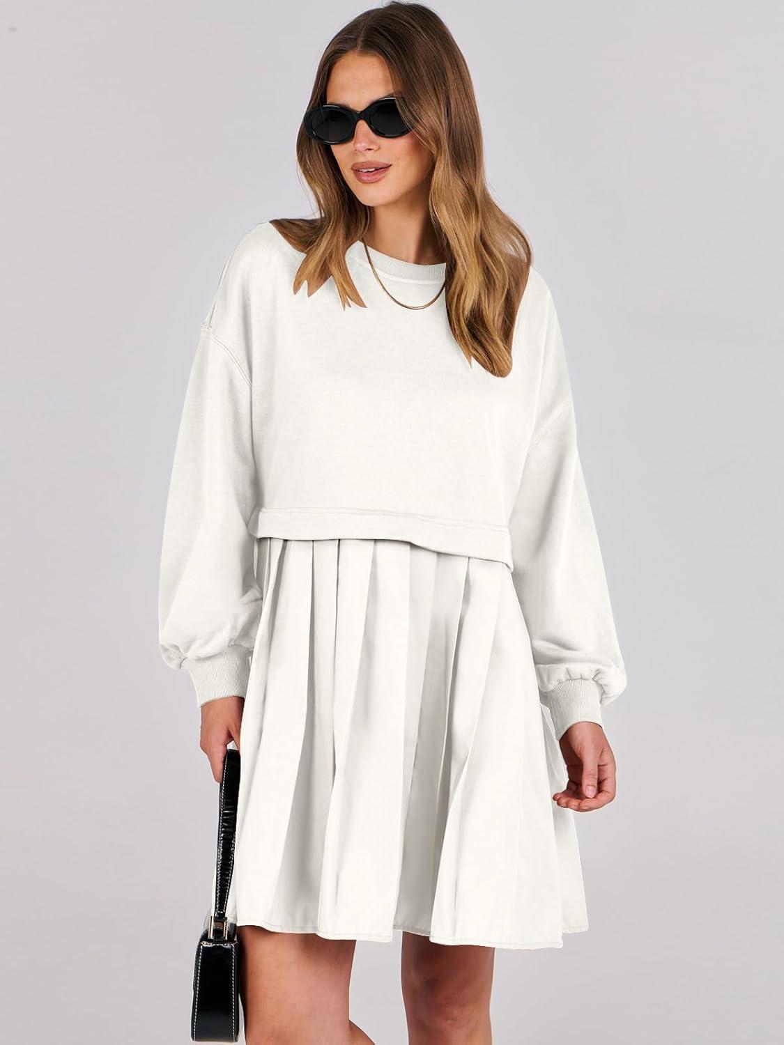 imageANRABESS Women Sweatshirts Dress Oversized Long Sleeve Patchwork Casual Loose Pleated Pullover Mini Dress Fall Outfits 2025White