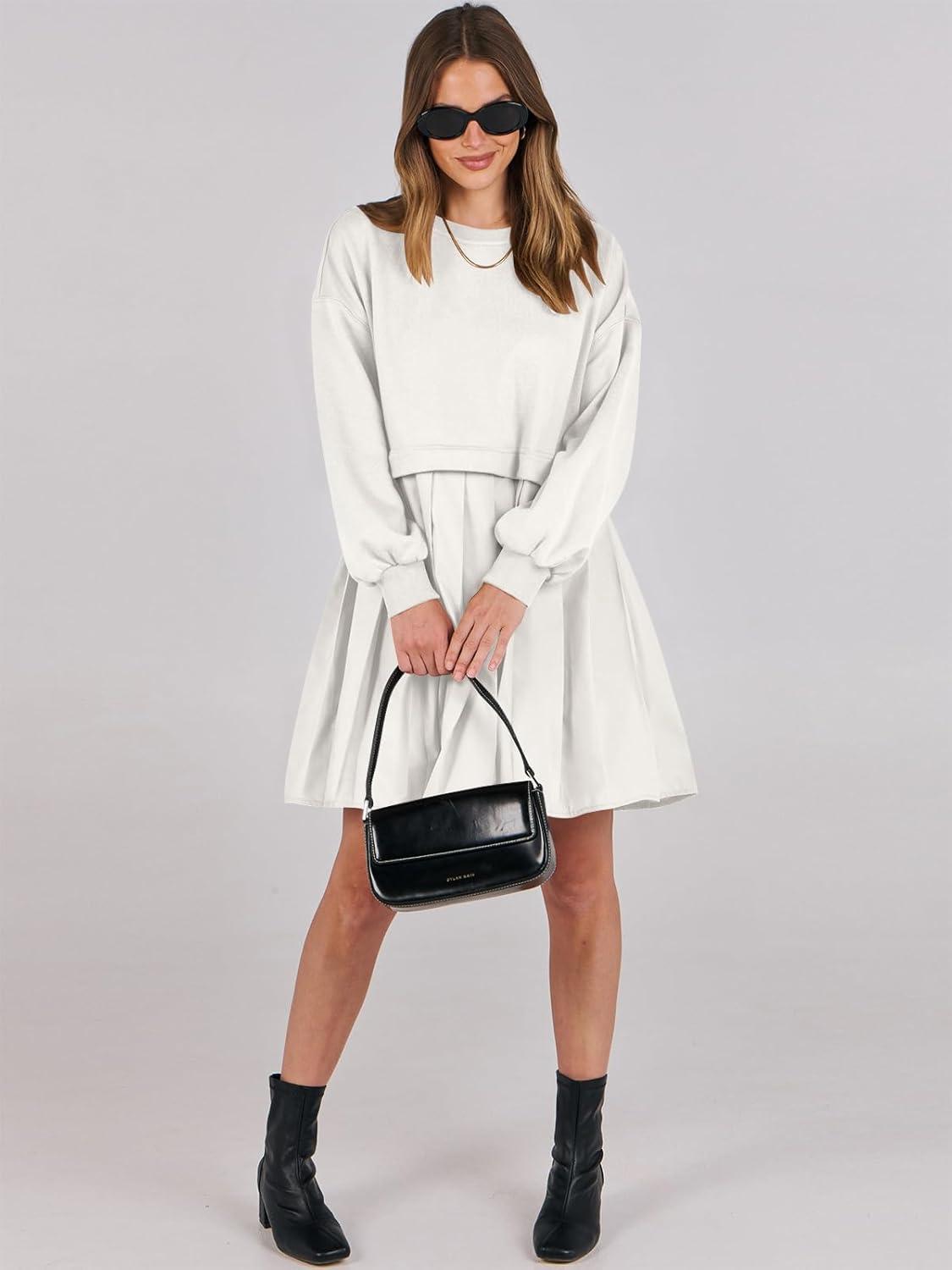 imageANRABESS Women Sweatshirts Dress Oversized Long Sleeve Patchwork Casual Loose Pleated Pullover Mini Dress Fall Outfits 2025White