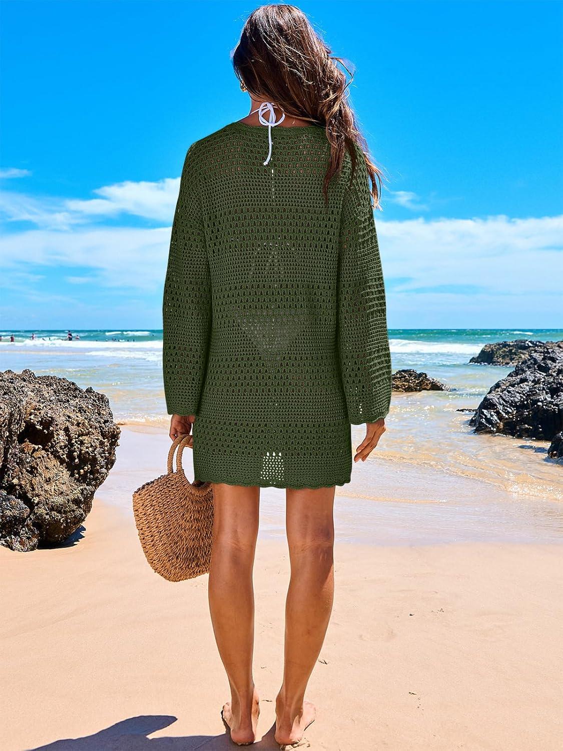 imageANRABESS Women Swimsuit Crochet Swim Cover Up 2025 Summer Bathing Suit Swimwear Mesh Knit Beach Dress Vacation OutfitsArmy Green