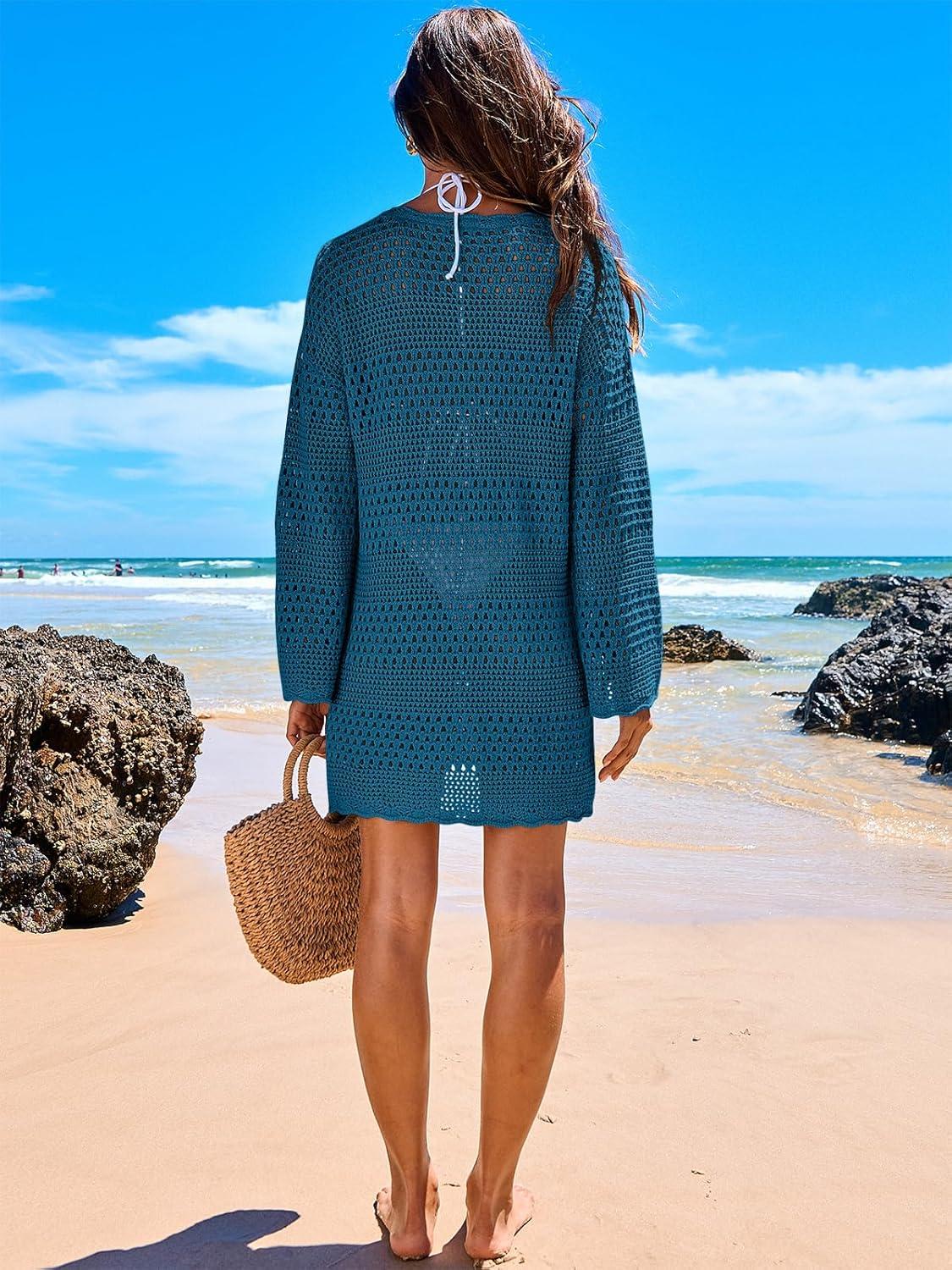 imageANRABESS Women Swimsuit Crochet Swim Cover Up 2025 Summer Bathing Suit Swimwear Mesh Knit Beach Dress Vacation OutfitsCyan