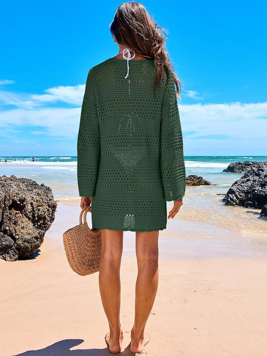 imageANRABESS Women Swimsuit Crochet Swim Cover Up 2025 Summer Bathing Suit Swimwear Mesh Knit Beach Dress Vacation OutfitsDeep Green