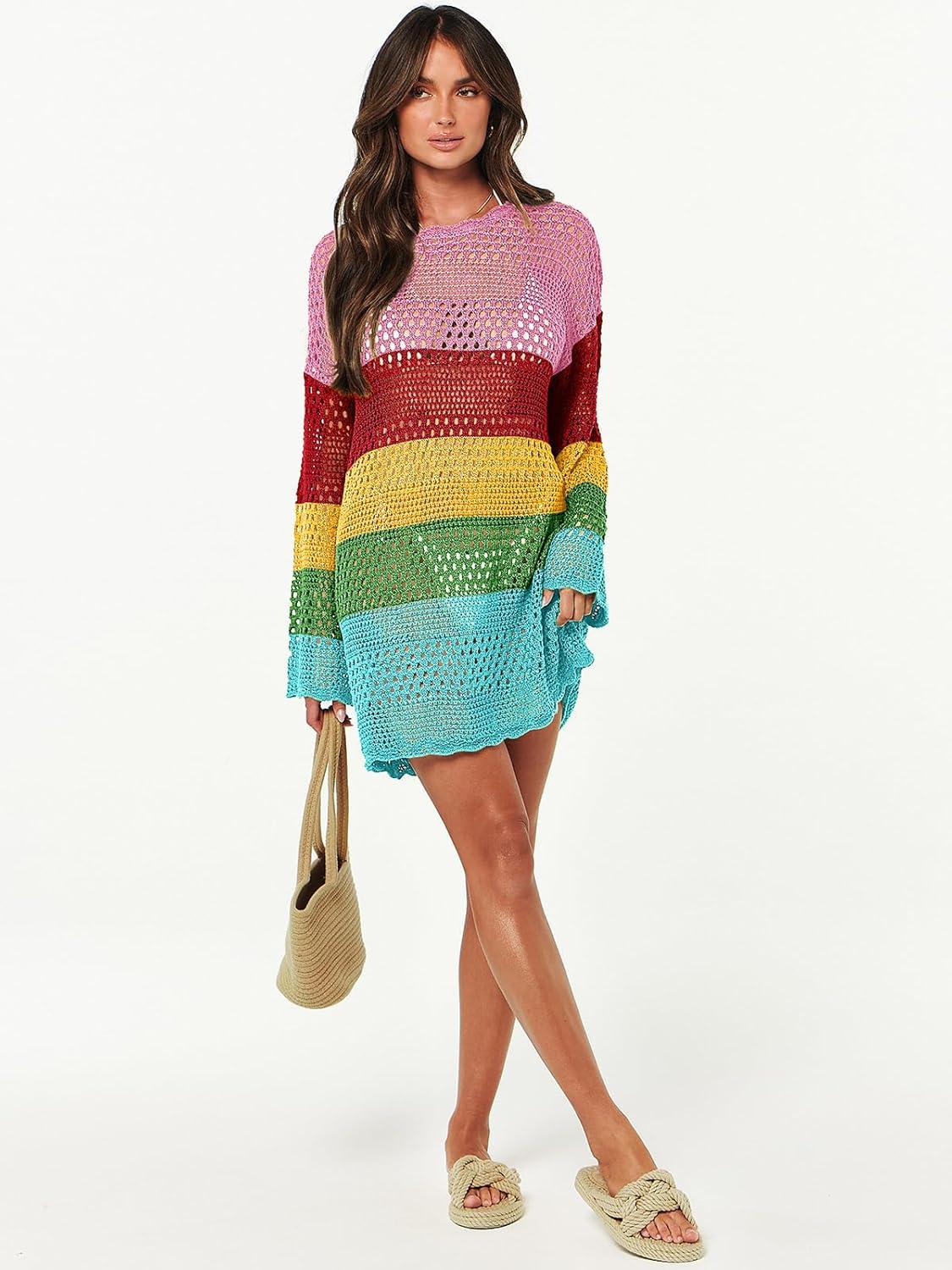 imageANRABESS Women Swimsuit Crochet Swim Cover Up 2025 Summer Bathing Suit Swimwear Mesh Knit Beach Dress Vacation OutfitsRainbow Stripe