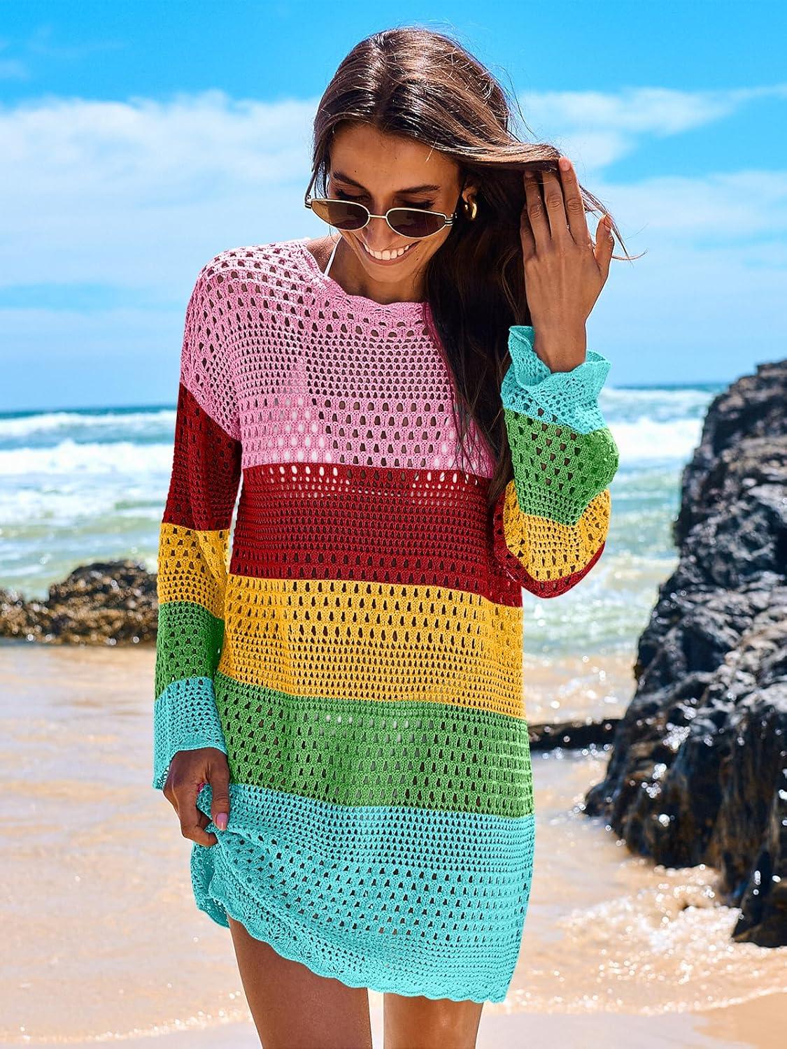 imageANRABESS Women Swimsuit Crochet Swim Cover Up 2025 Summer Bathing Suit Swimwear Mesh Knit Beach Dress Vacation OutfitsRainbow Stripe