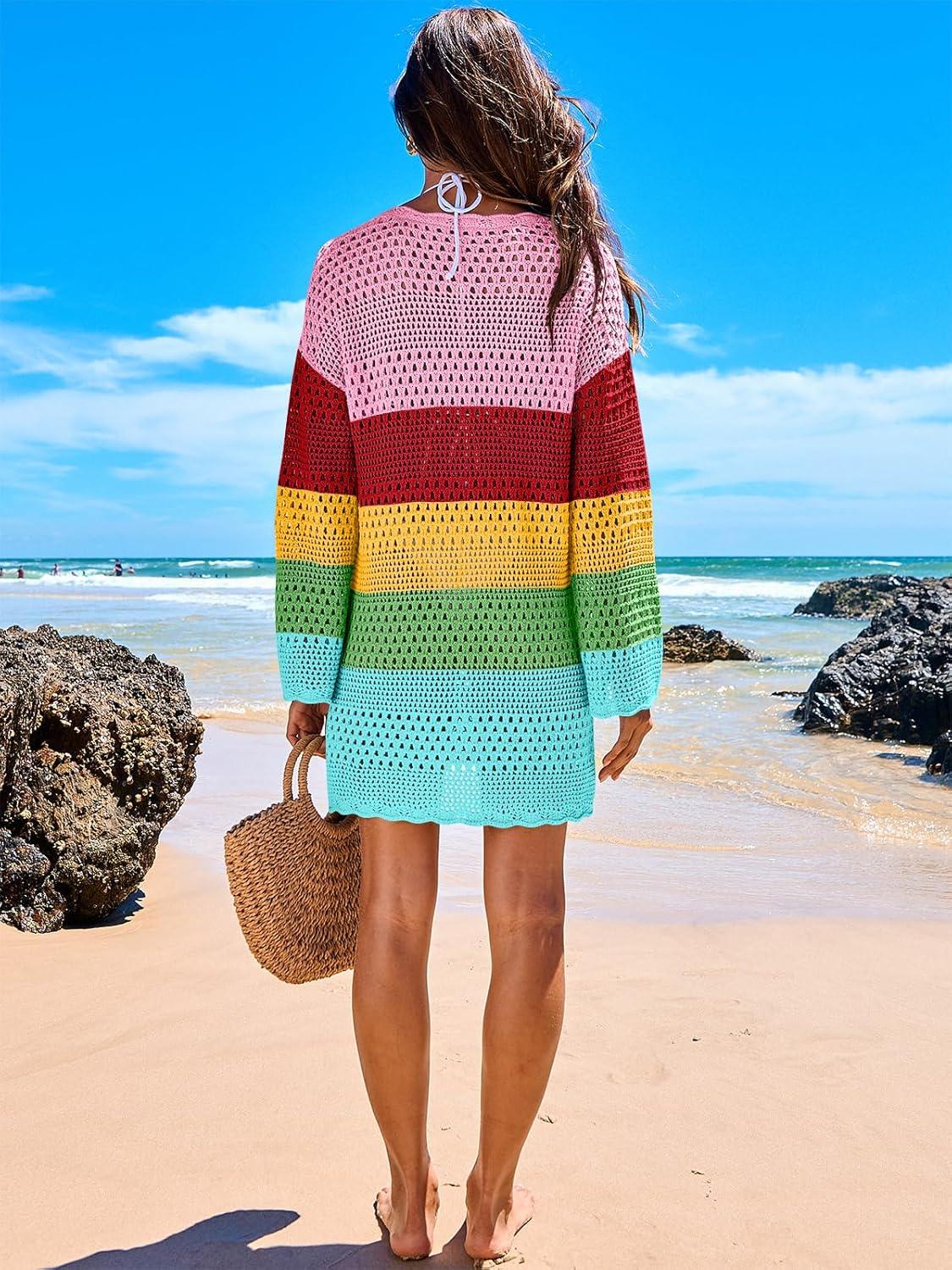 imageANRABESS Women Swimsuit Crochet Swim Cover Up 2025 Summer Bathing Suit Swimwear Mesh Knit Beach Dress Vacation OutfitsRainbow Stripe