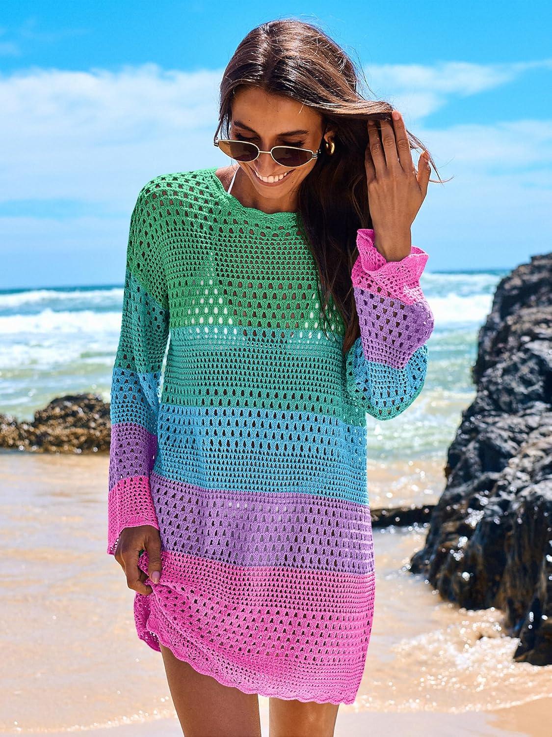 imageANRABESS Women Swimsuit Crochet Swim Cover Up 2025 Summer Bathing Suit Swimwear Mesh Knit Beach Dress Vacation OutfitsRainbow Stripe Colorful