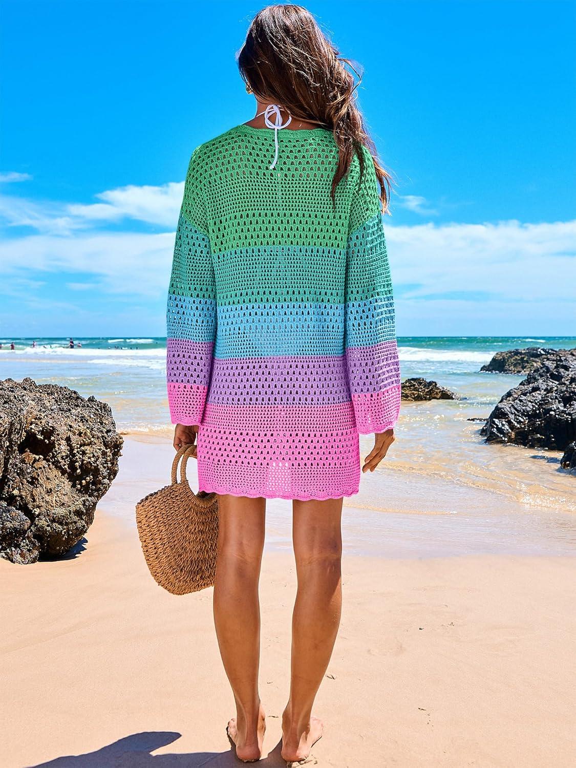 imageANRABESS Women Swimsuit Crochet Swim Cover Up 2025 Summer Bathing Suit Swimwear Mesh Knit Beach Dress Vacation OutfitsRainbow Stripe Colorful