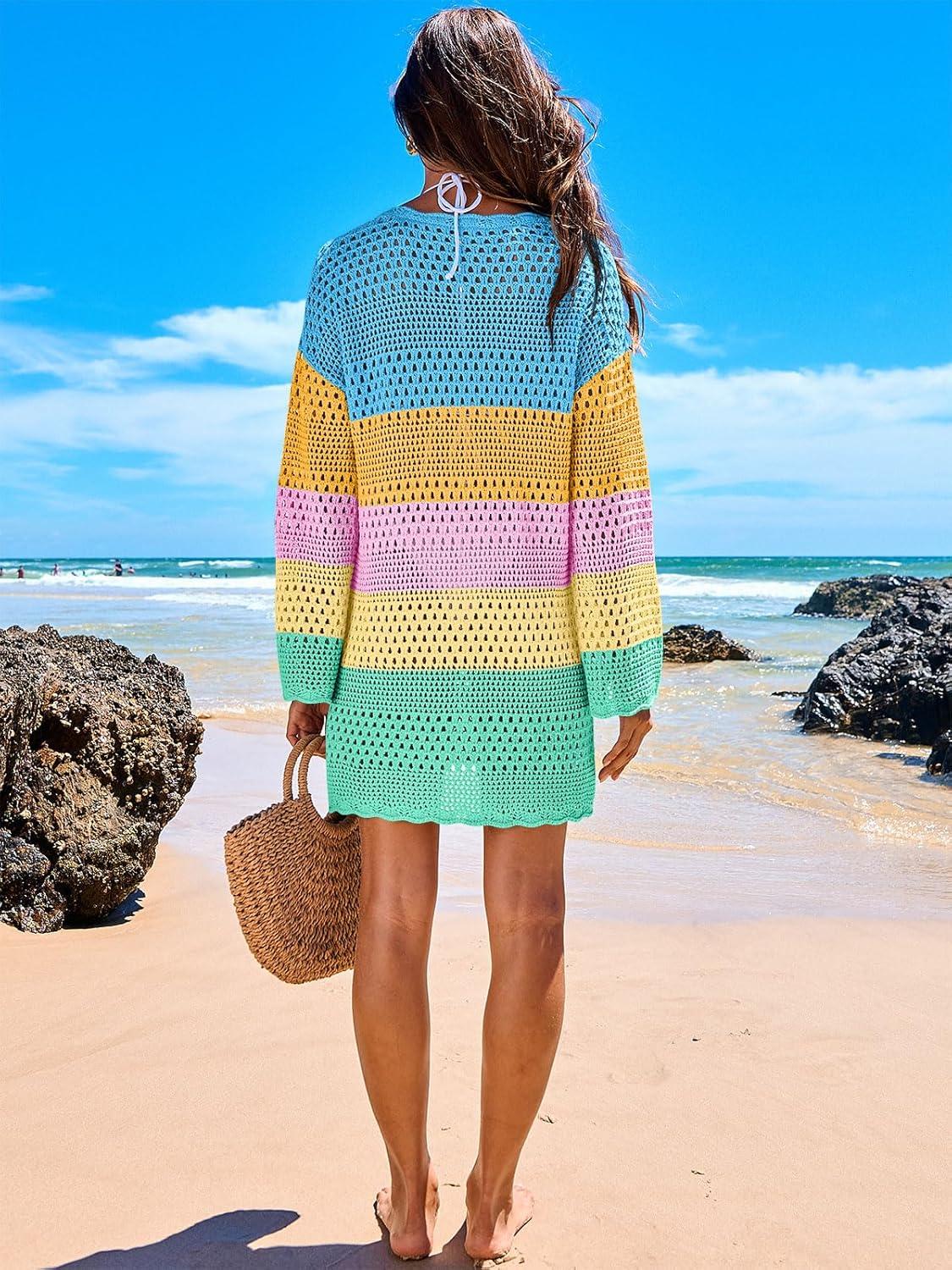 imageANRABESS Women Swimsuit Crochet Swim Cover Up 2025 Summer Bathing Suit Swimwear Mesh Knit Beach Dress Vacation OutfitsRainbow Striped