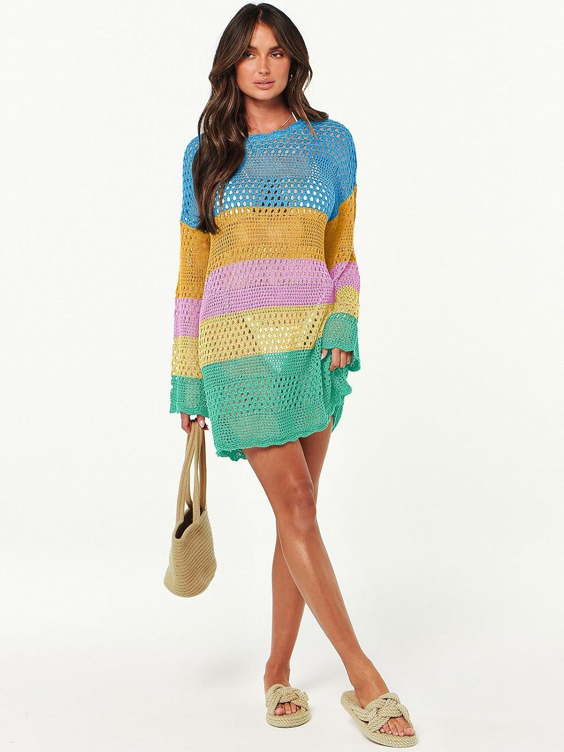 imageANRABESS Women Swimsuit Crochet Swim Cover Up 2025 Summer Bathing Suit Swimwear Mesh Knit Beach Dress Vacation OutfitsRainbow Striped