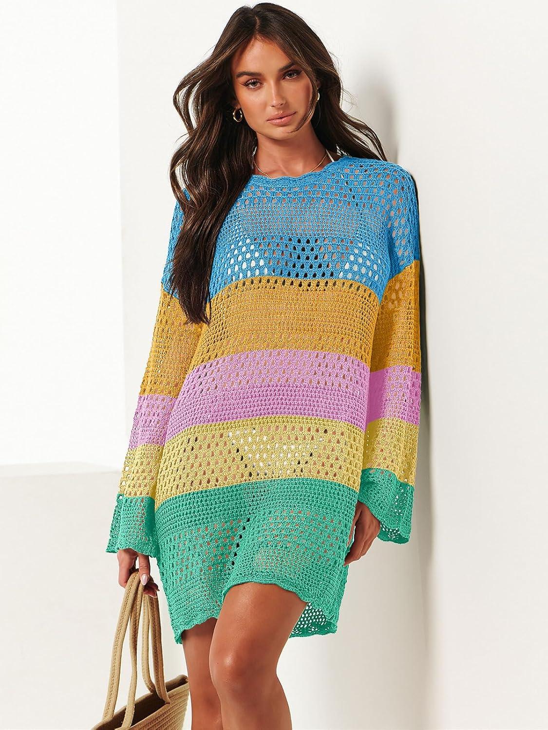 imageANRABESS Women Swimsuit Crochet Swim Cover Up 2025 Summer Bathing Suit Swimwear Mesh Knit Beach Dress Vacation OutfitsRainbow Striped