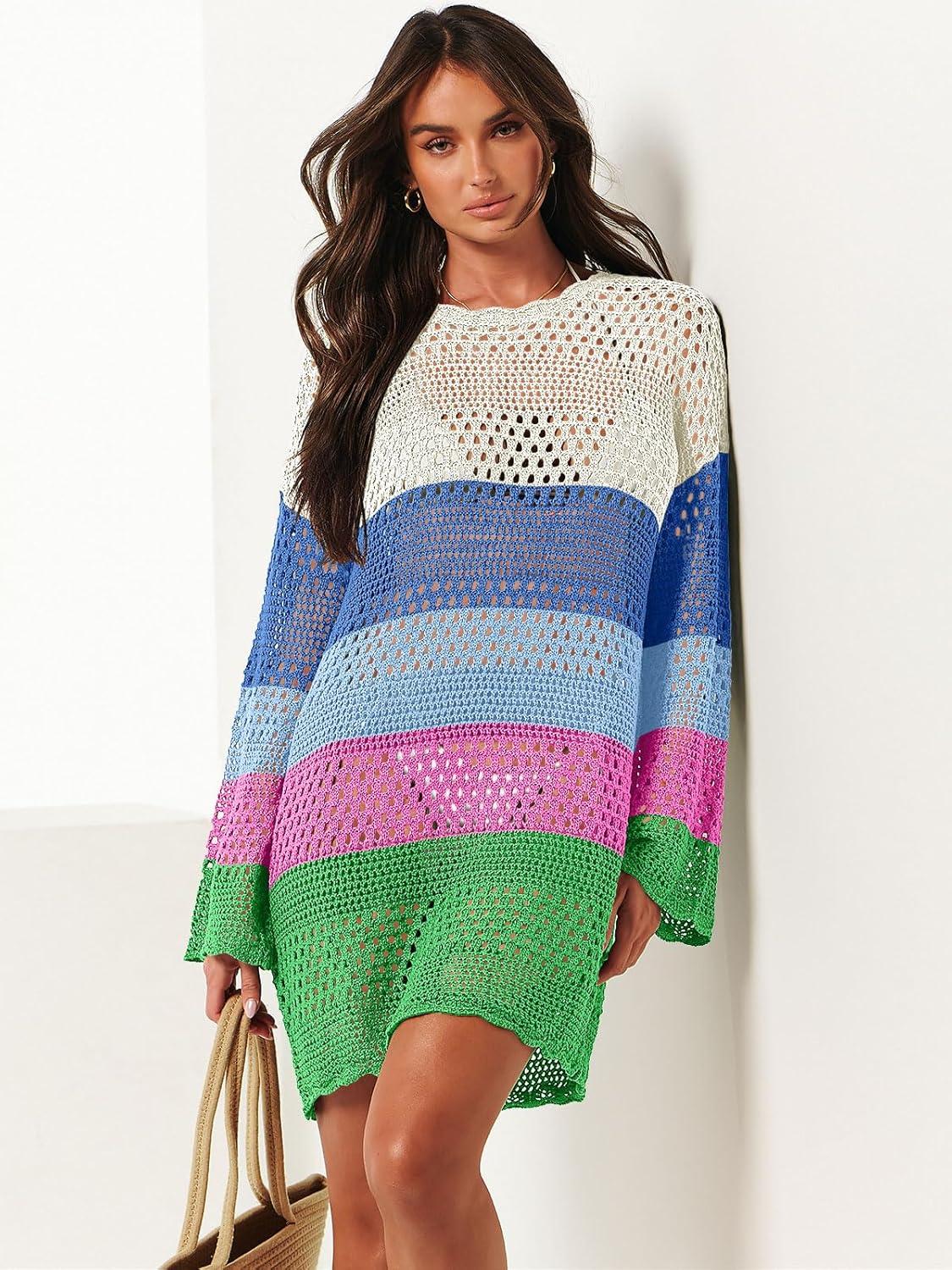 imageANRABESS Women Swimsuit Crochet Swim Cover Up 2025 Summer Bathing Suit Swimwear Mesh Knit Beach Dress Vacation OutfitsRainbow Stripes