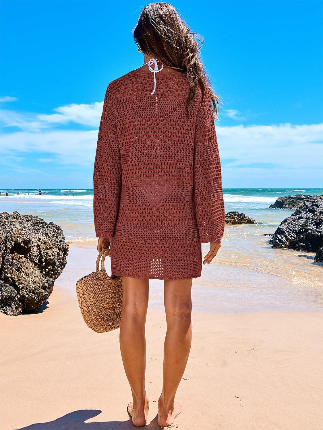 imageANRABESS Women Swimsuit Crochet Swim Cover Up 2025 Summer Bathing Suit Swimwear Mesh Knit Beach Dress Vacation OutfitsRed