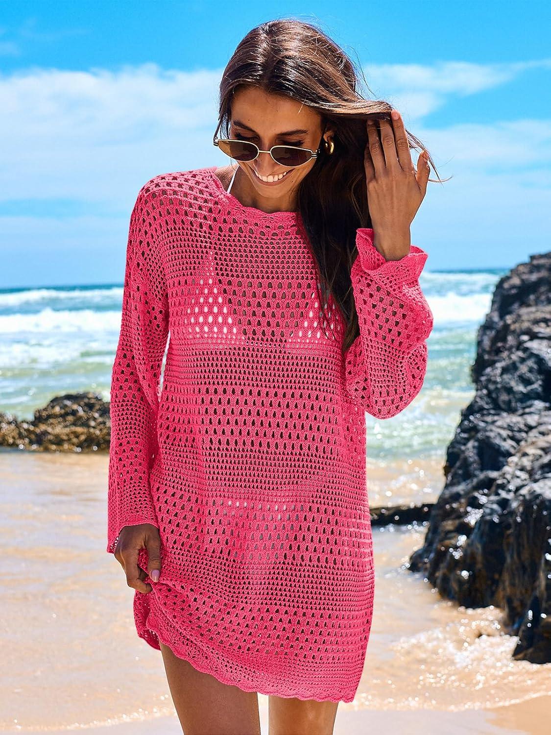 imageANRABESS Women Swimsuit Crochet Swim Cover Up 2025 Summer Bathing Suit Swimwear Mesh Knit Beach Dress Vacation OutfitsRose