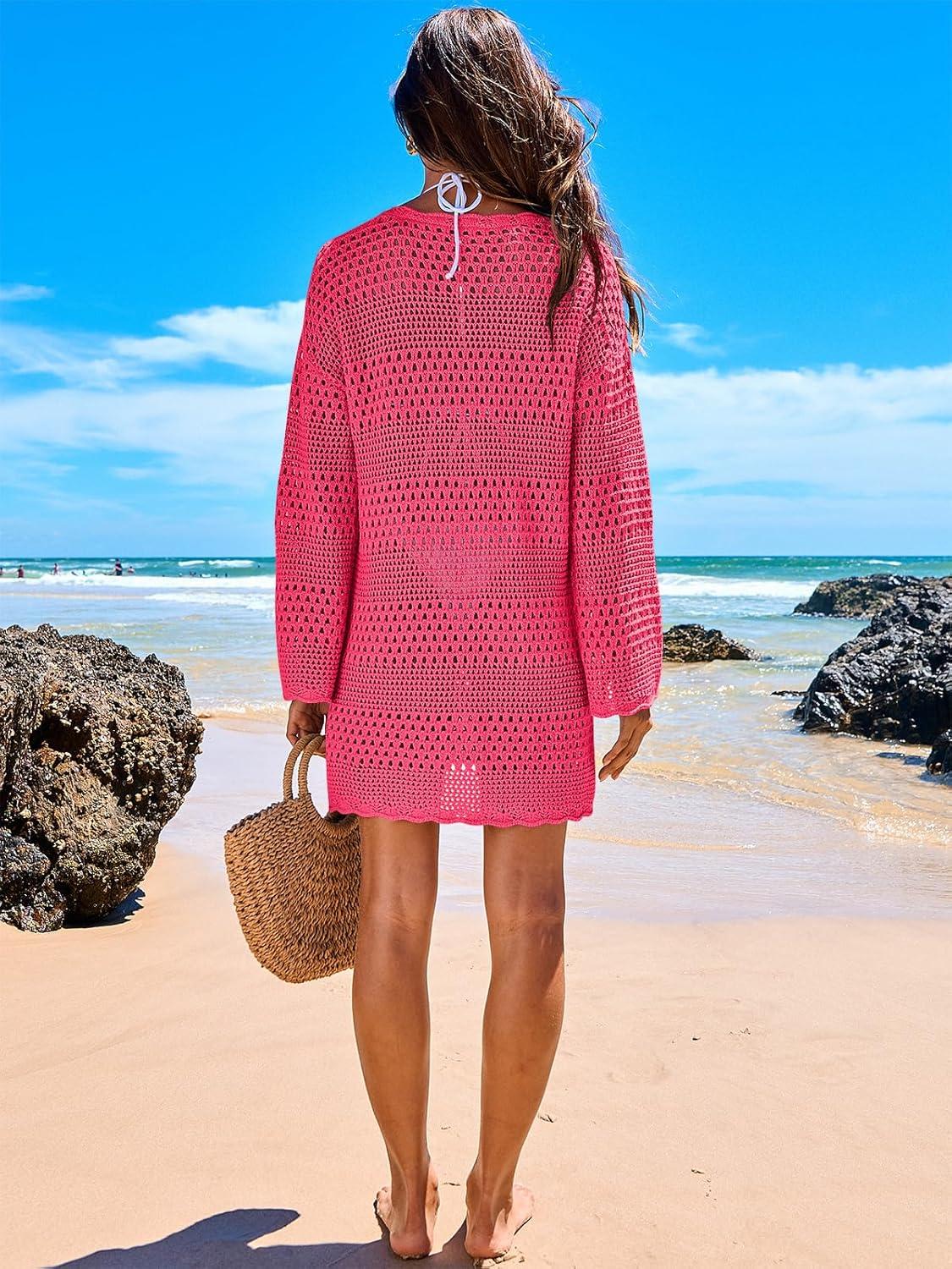 imageANRABESS Women Swimsuit Crochet Swim Cover Up 2025 Summer Bathing Suit Swimwear Mesh Knit Beach Dress Vacation OutfitsRose