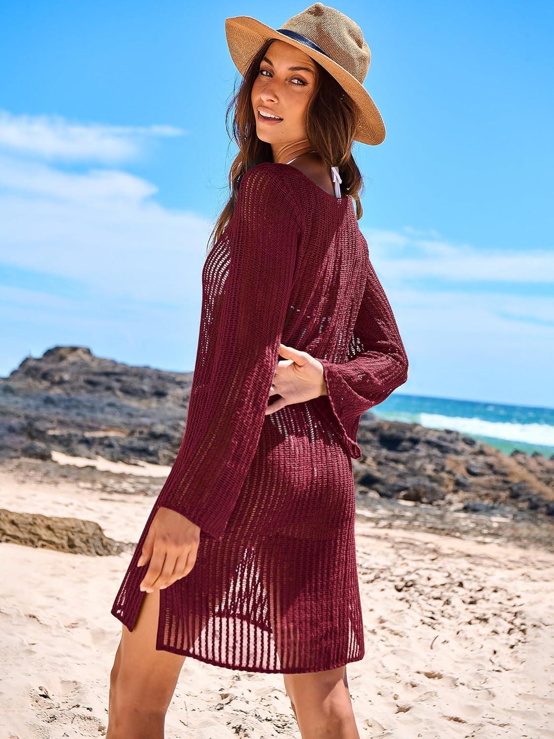imageANRABESS Women Swimsuit Swim Coverup 2025 Long Sleeve Mini Crochet Pool Bathing Suit Swimwear Mesh Knit Beach Vacation DressBurgundy