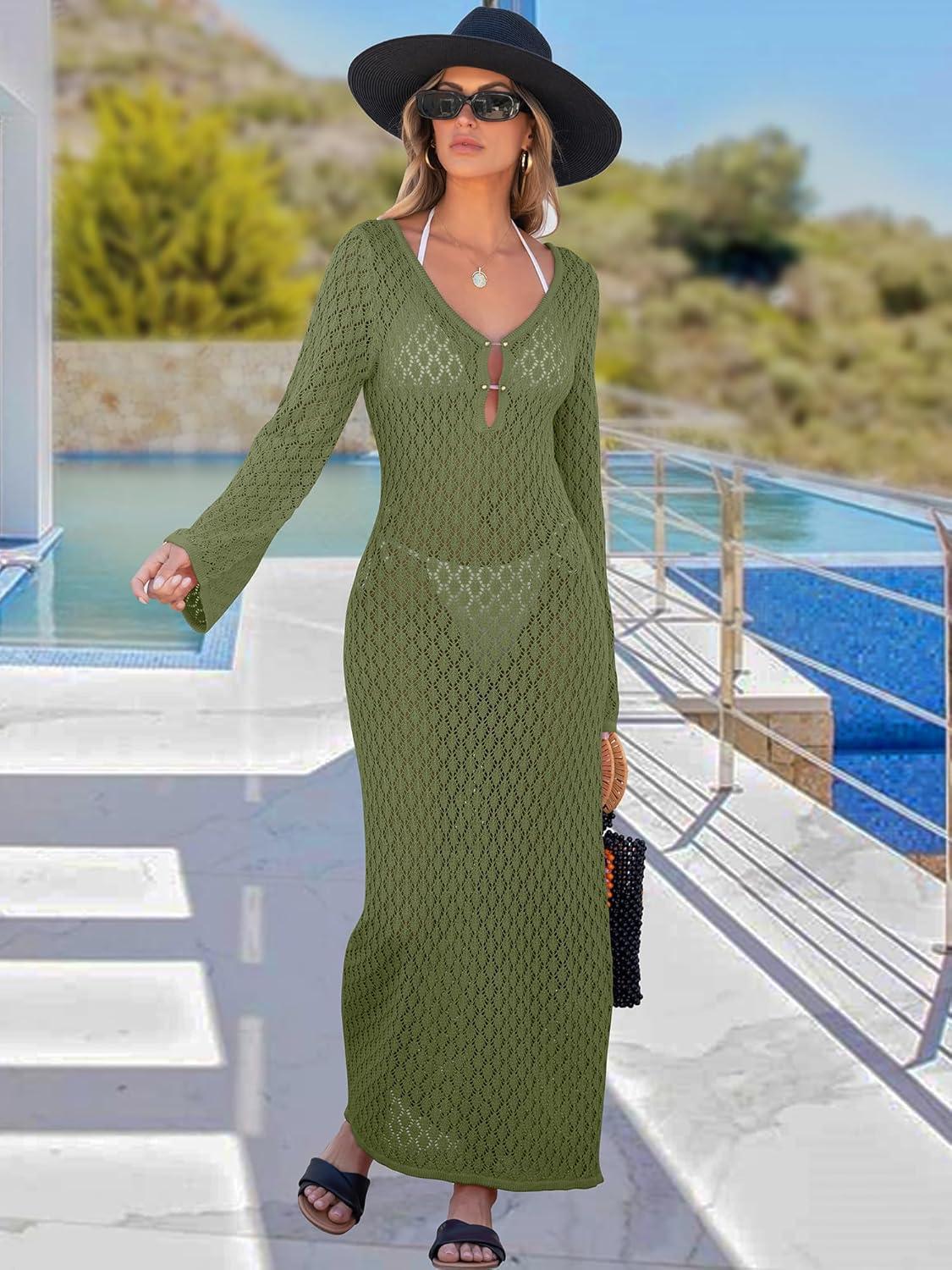 imageANRABESS Women Swimsuit Swim Crochet Cover Up Knit Bathing Suit Swimwear 2025 Summer Bodycon Beach Dress Vacation ClothesArmy Green