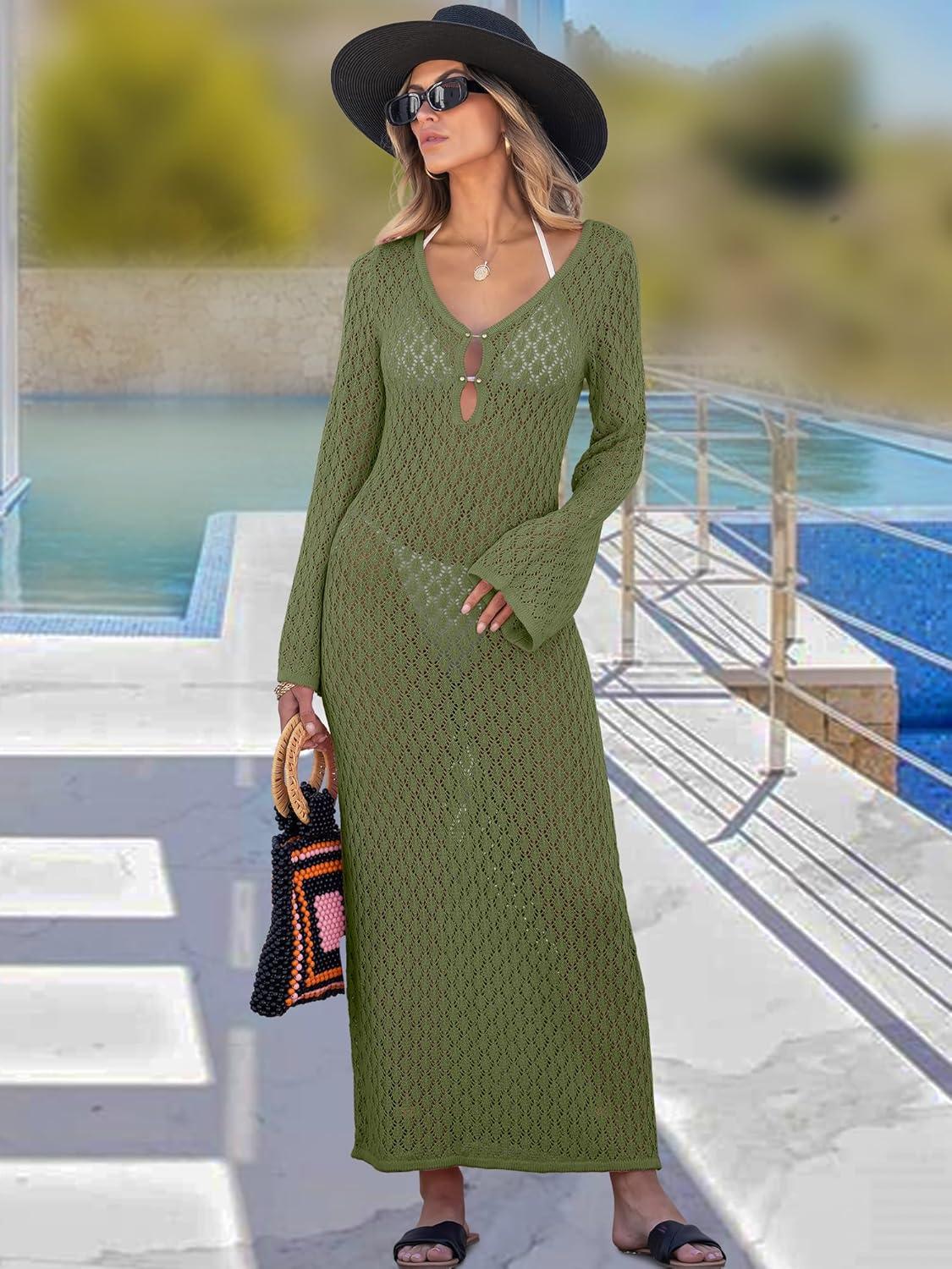 imageANRABESS Women Swimsuit Swim Crochet Cover Up Knit Bathing Suit Swimwear 2025 Summer Bodycon Beach Dress Vacation ClothesArmy Green