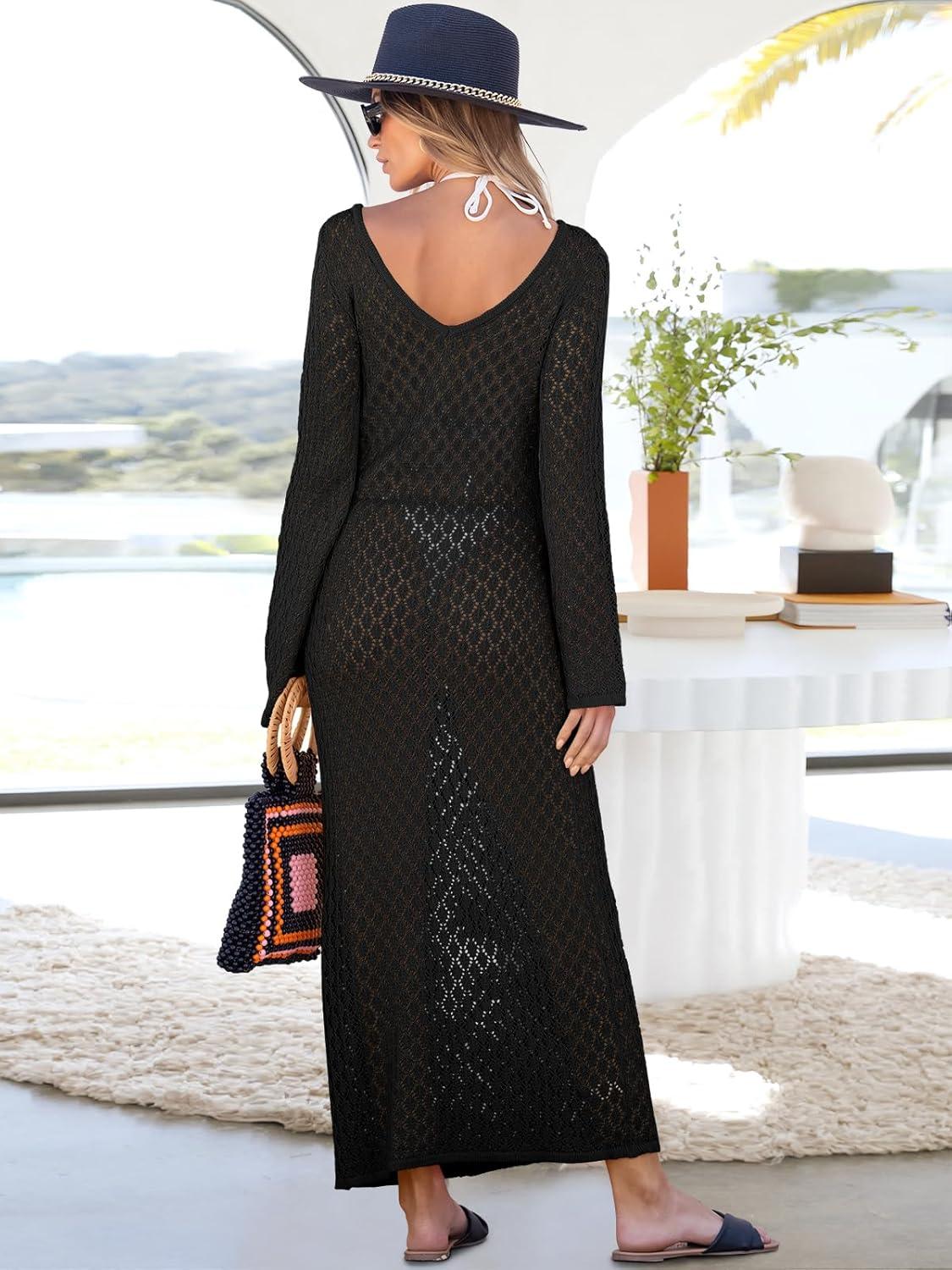 imageANRABESS Women Swimsuit Swim Crochet Cover Up Knit Bathing Suit Swimwear 2025 Summer Bodycon Beach Dress Vacation ClothesBlack