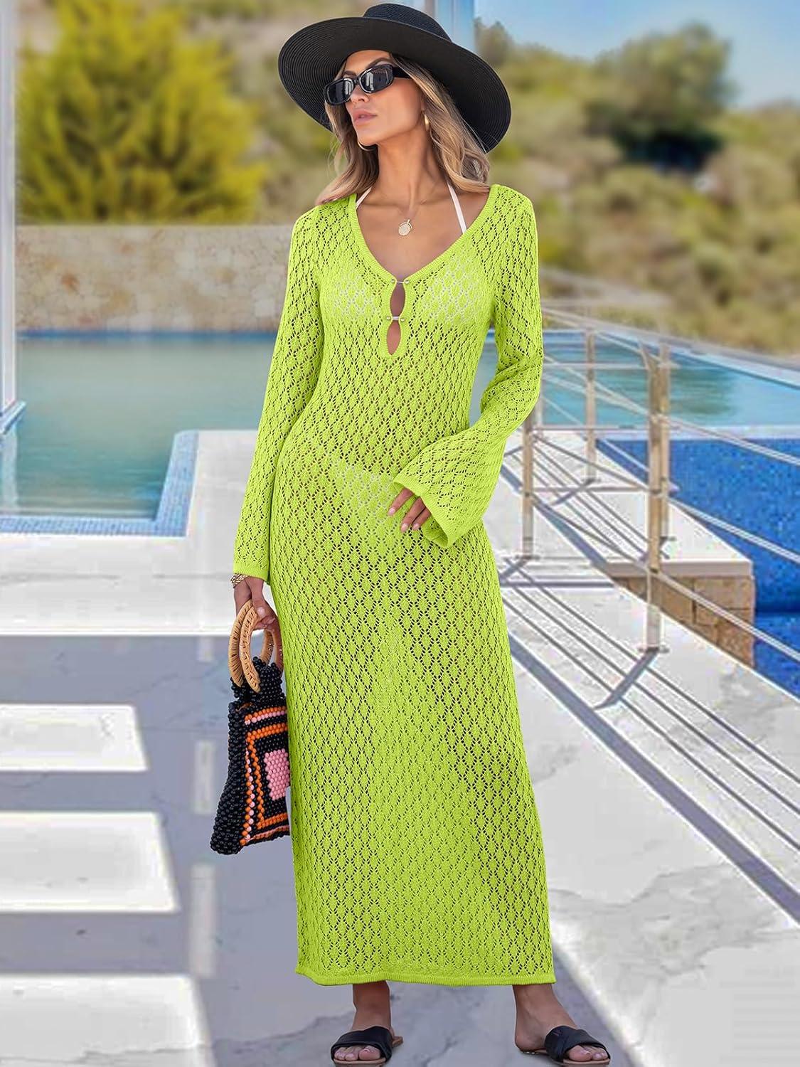 imageANRABESS Women Swimsuit Swim Crochet Cover Up Knit Bathing Suit Swimwear 2025 Summer Bodycon Beach Dress Vacation ClothesGreen