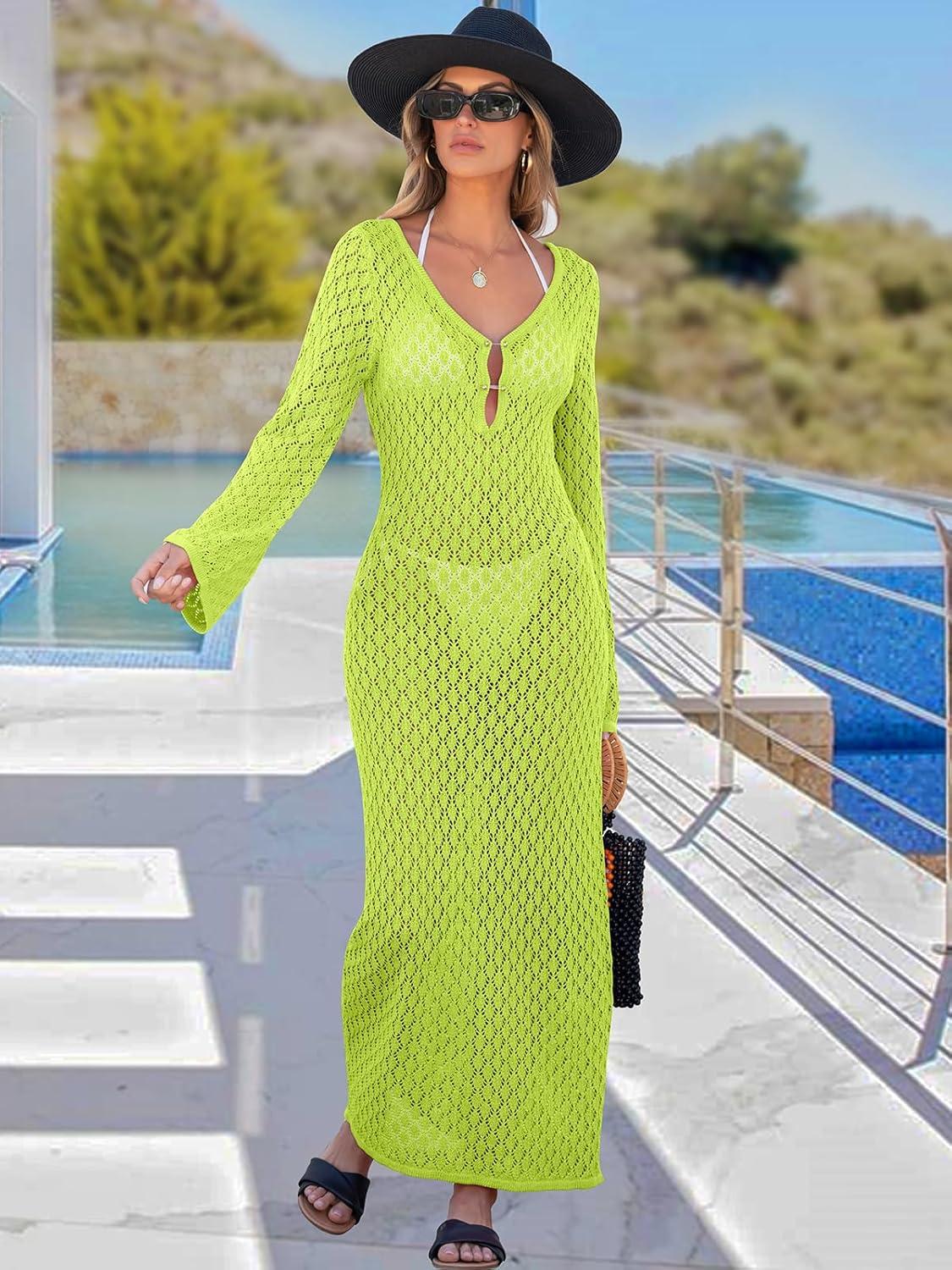 imageANRABESS Women Swimsuit Swim Crochet Cover Up Knit Bathing Suit Swimwear 2025 Summer Bodycon Beach Dress Vacation ClothesGreen