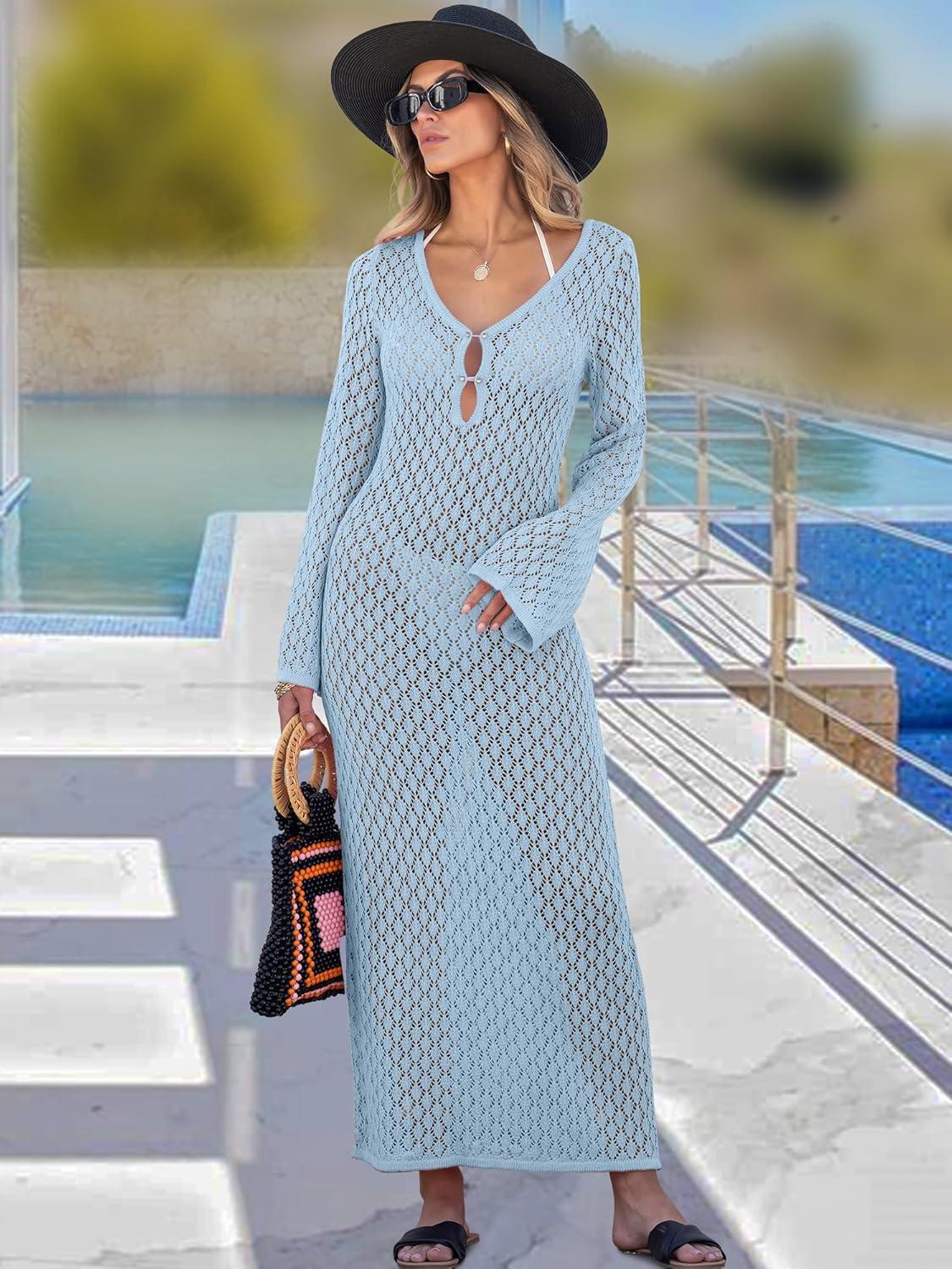 imageANRABESS Women Swimsuit Swim Crochet Cover Up Knit Bathing Suit Swimwear 2025 Summer Bodycon Beach Dress Vacation ClothesLight Blue