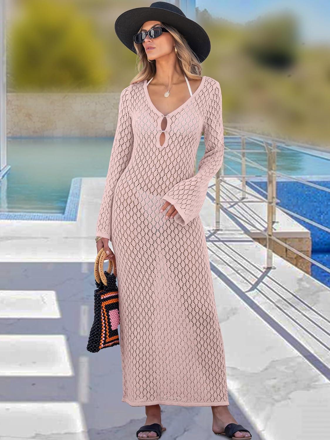 imageANRABESS Women Swimsuit Swim Crochet Cover Up Knit Bathing Suit Swimwear 2025 Summer Bodycon Beach Dress Vacation ClothesLight Pink