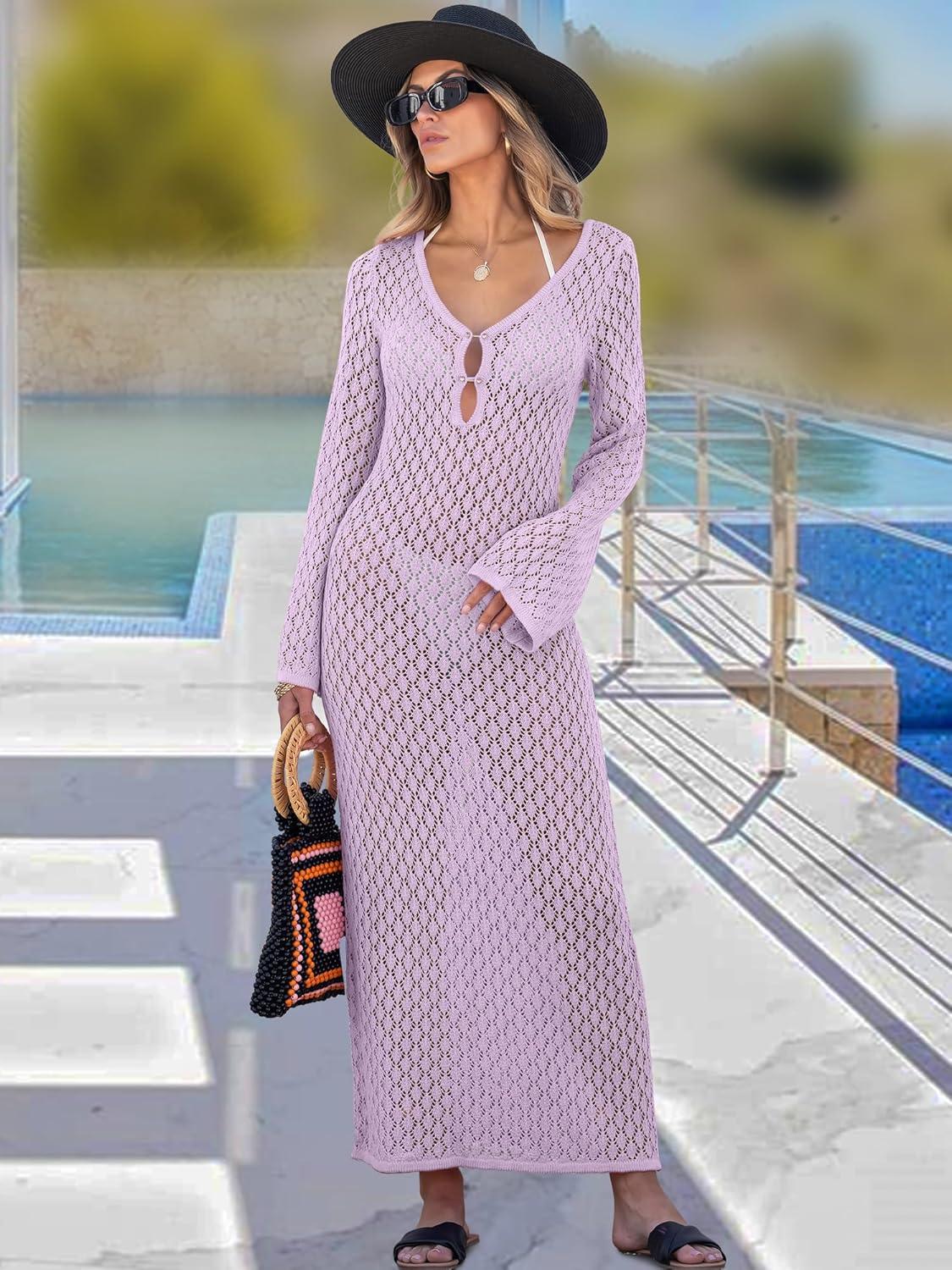 imageANRABESS Women Swimsuit Swim Crochet Cover Up Knit Bathing Suit Swimwear 2025 Summer Bodycon Beach Dress Vacation ClothesLight Purple