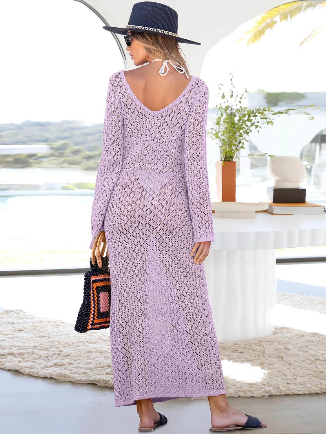 imageANRABESS Women Swimsuit Swim Crochet Cover Up Knit Bathing Suit Swimwear 2025 Summer Bodycon Beach Dress Vacation ClothesLight Purple