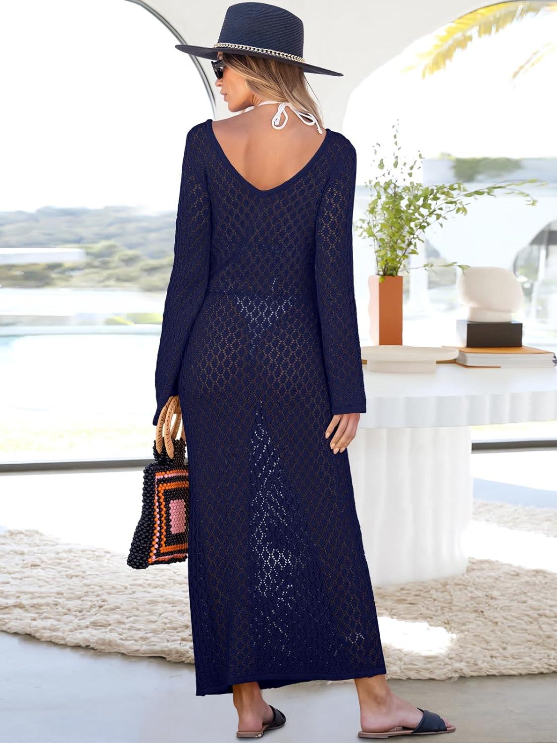 imageANRABESS Women Swimsuit Swim Crochet Cover Up Knit Bathing Suit Swimwear 2025 Summer Bodycon Beach Dress Vacation ClothesNavy Blue