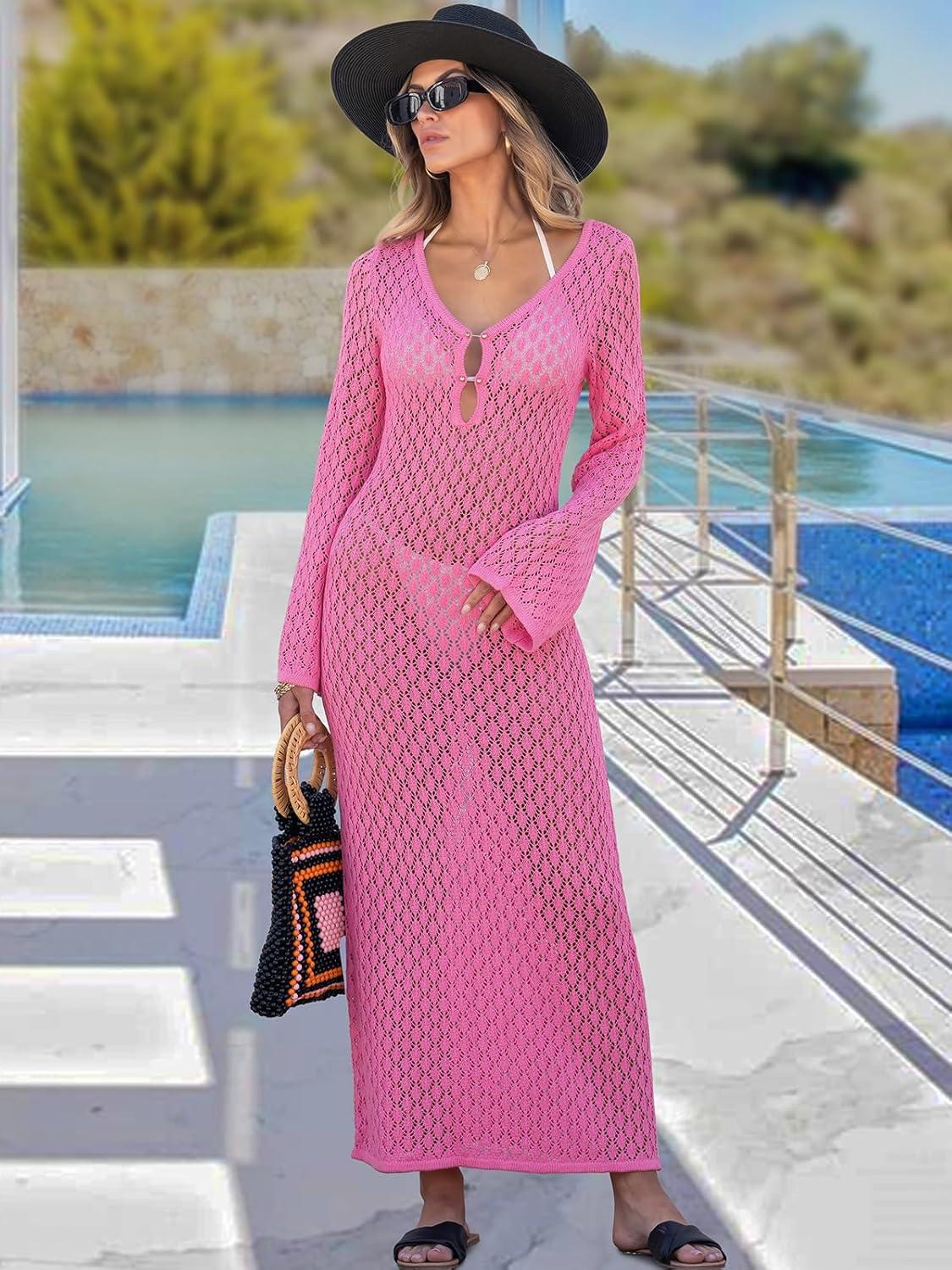 imageANRABESS Women Swimsuit Swim Crochet Cover Up Knit Bathing Suit Swimwear 2025 Summer Bodycon Beach Dress Vacation ClothesRose