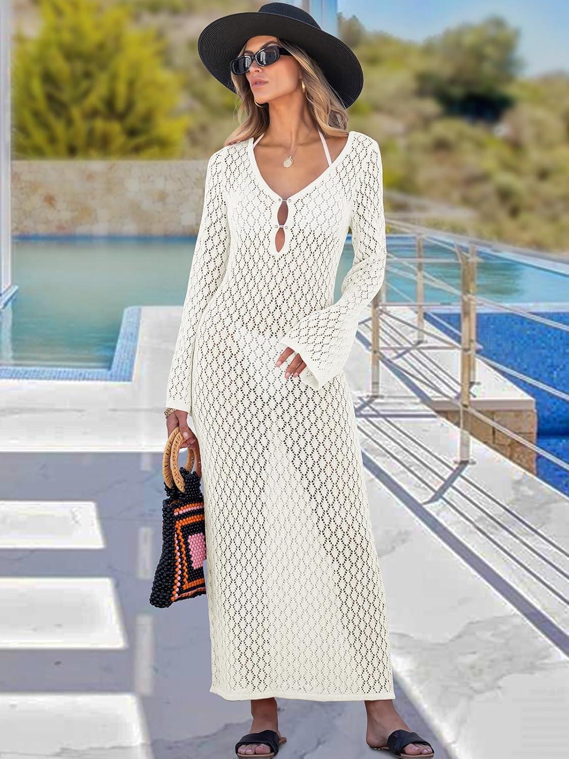 imageANRABESS Women Swimsuit Swim Crochet Cover Up Knit Bathing Suit Swimwear 2025 Summer Bodycon Beach Dress Vacation ClothesWhite