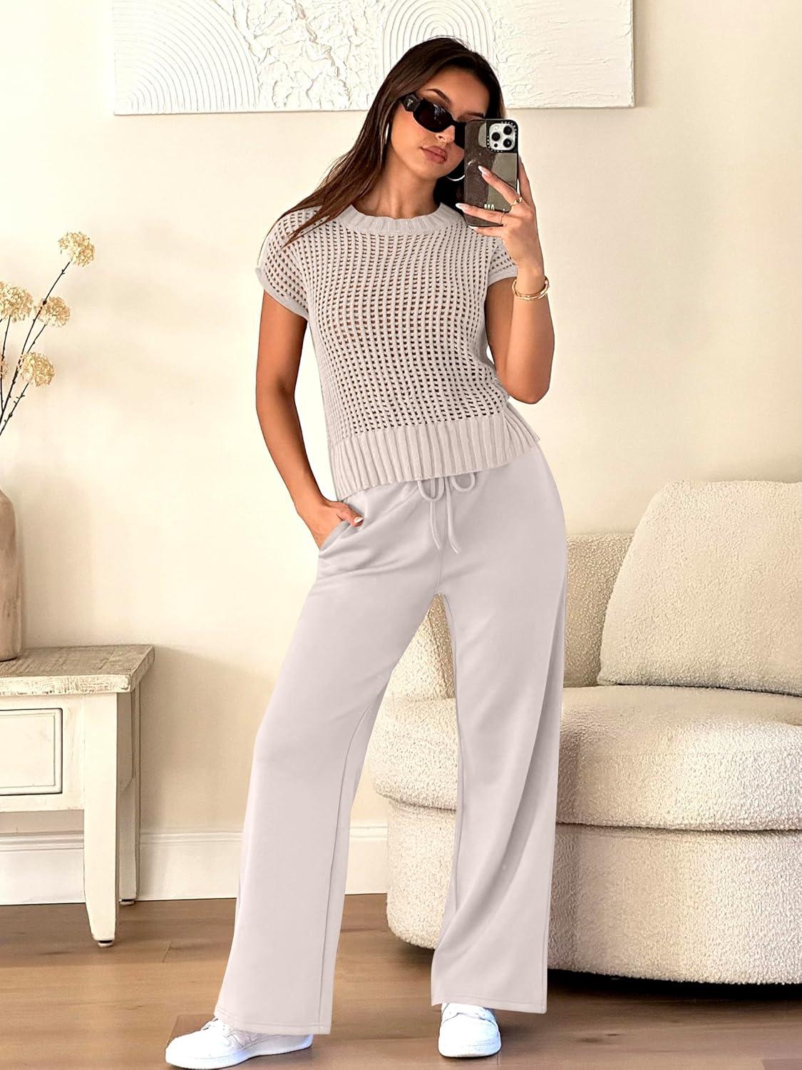 imageANRABESS Women Two Piece Outfits Crochet Sheer Knit Sweater Top Wide Leg Pants Lounge Matching Sets Sweatsuit Travel ClothesAprioct
