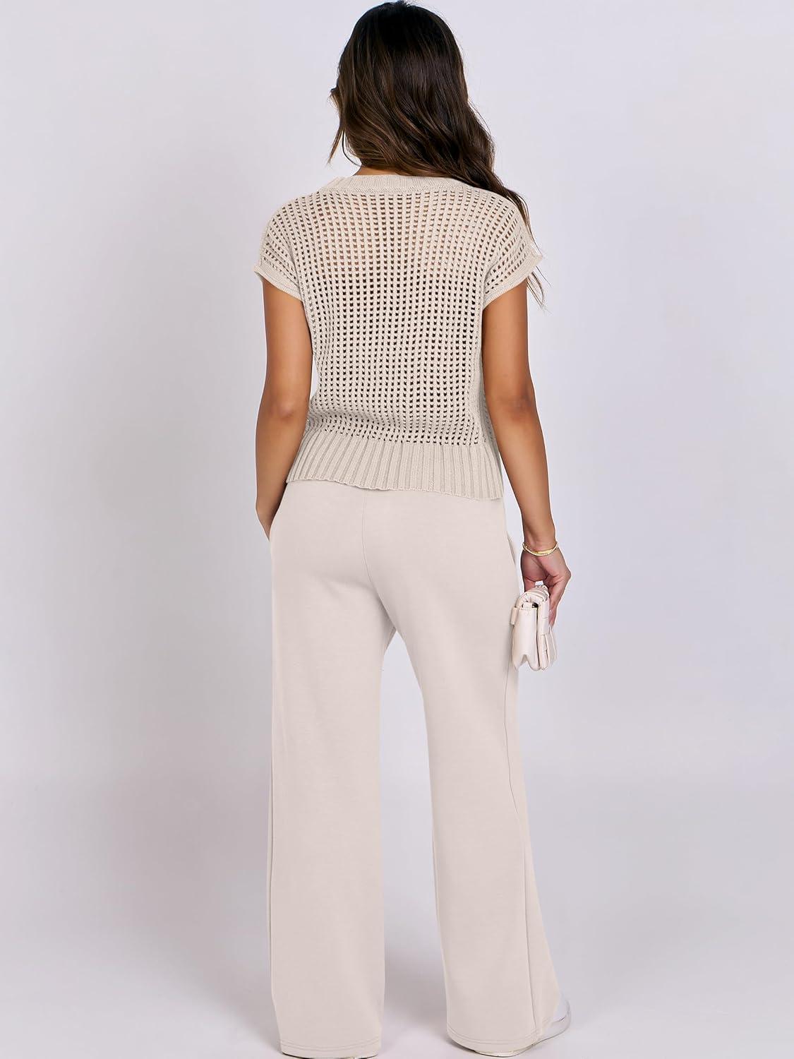 imageANRABESS Women Two Piece Outfits Crochet Sheer Knit Sweater Top Wide Leg Pants Lounge Matching Sets Sweatsuit Travel ClothesAprioct