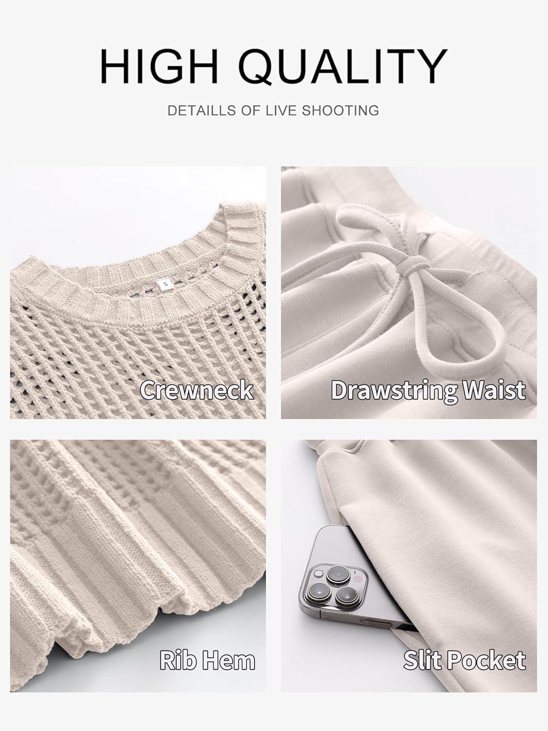 imageANRABESS Women Two Piece Outfits Crochet Sheer Knit Sweater Top Wide Leg Pants Lounge Matching Sets Sweatsuit Travel ClothesAprioct