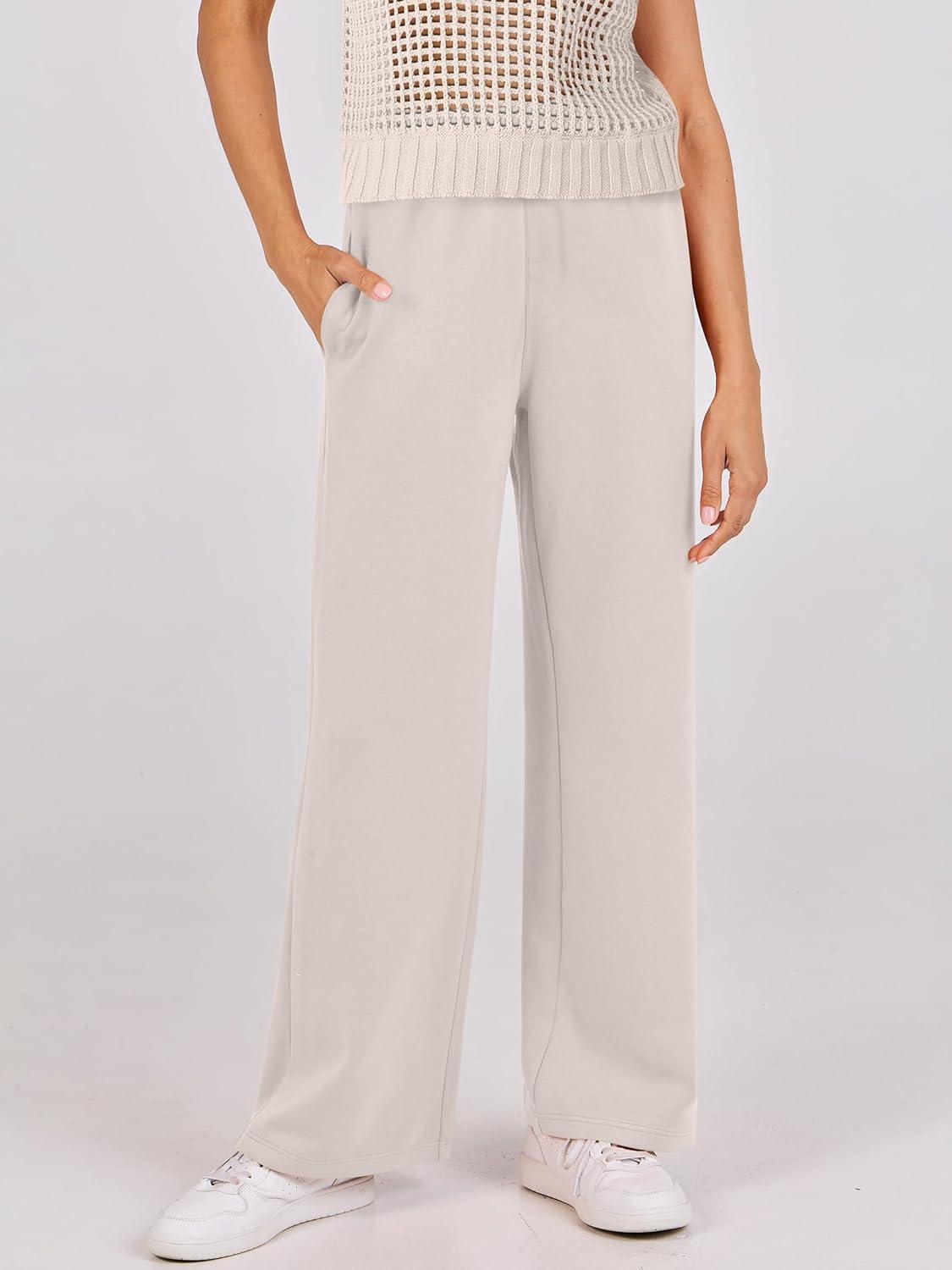 imageANRABESS Women Two Piece Outfits Crochet Sheer Knit Sweater Top Wide Leg Pants Lounge Matching Sets Sweatsuit Travel ClothesAprioct