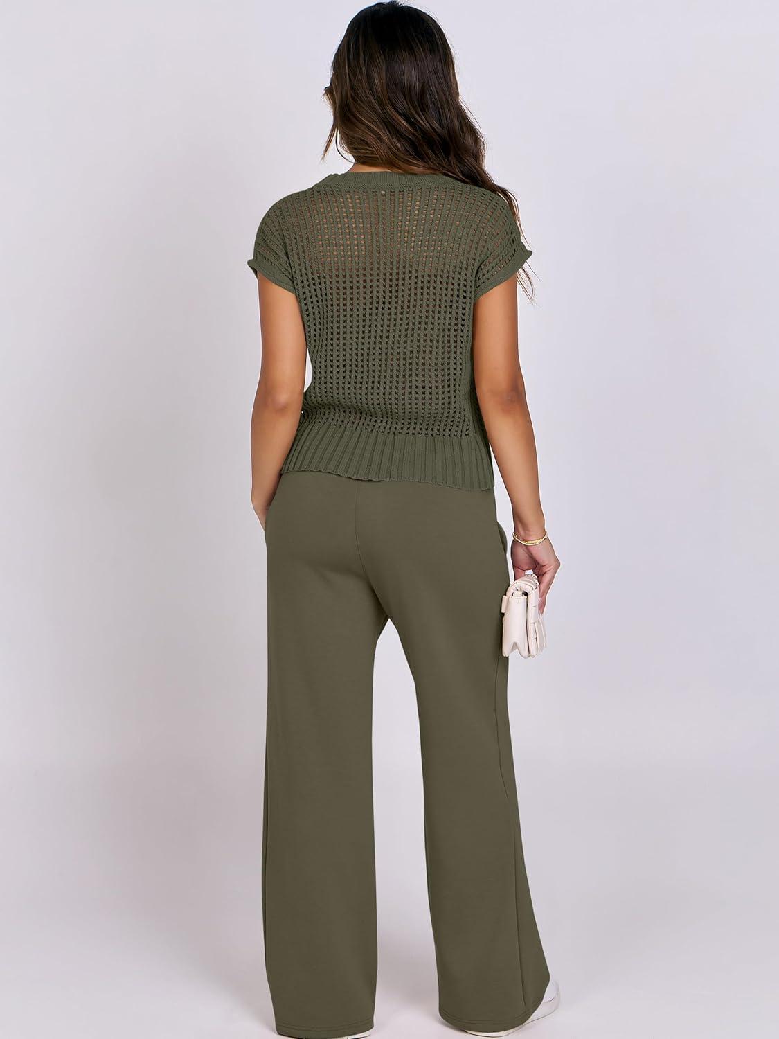 imageANRABESS Women Two Piece Outfits Crochet Sheer Knit Sweater Top Wide Leg Pants Lounge Matching Sets Sweatsuit Travel ClothesArmy Green