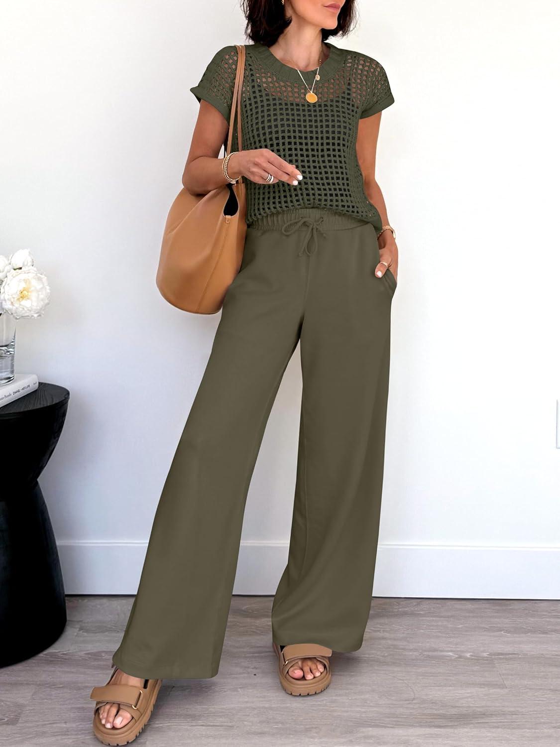 imageANRABESS Women Two Piece Outfits Crochet Sheer Knit Sweater Top Wide Leg Pants Lounge Matching Sets Sweatsuit Travel ClothesArmy Green