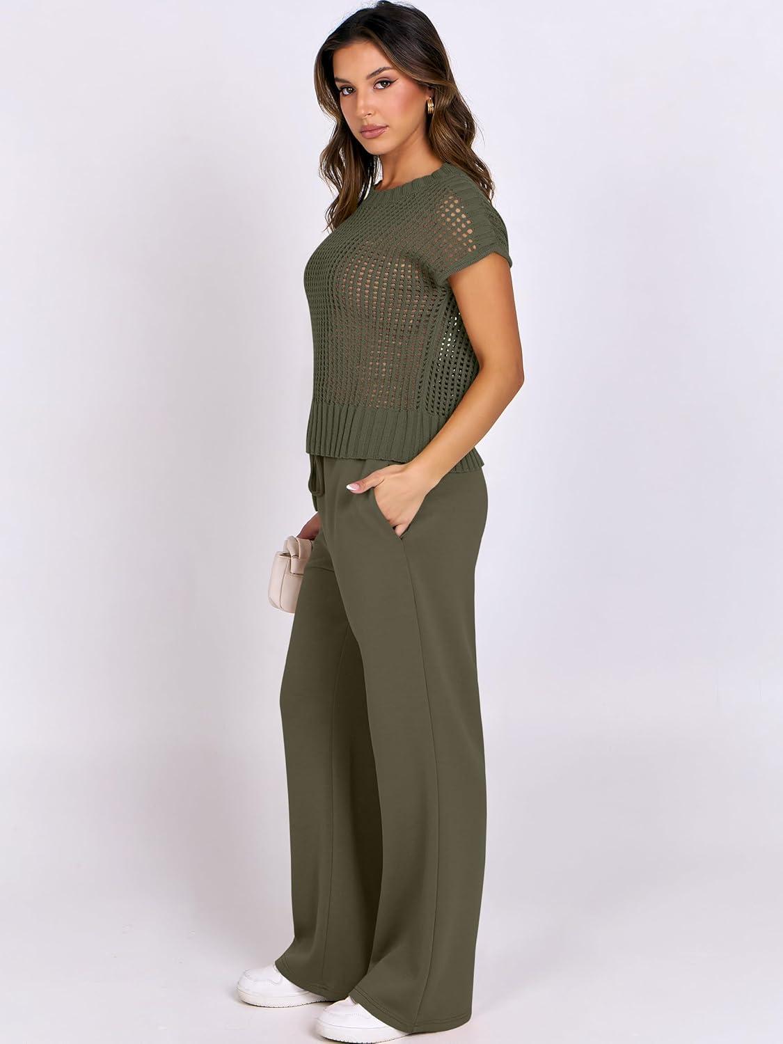 imageANRABESS Women Two Piece Outfits Crochet Sheer Knit Sweater Top Wide Leg Pants Lounge Matching Sets Sweatsuit Travel ClothesArmy Green