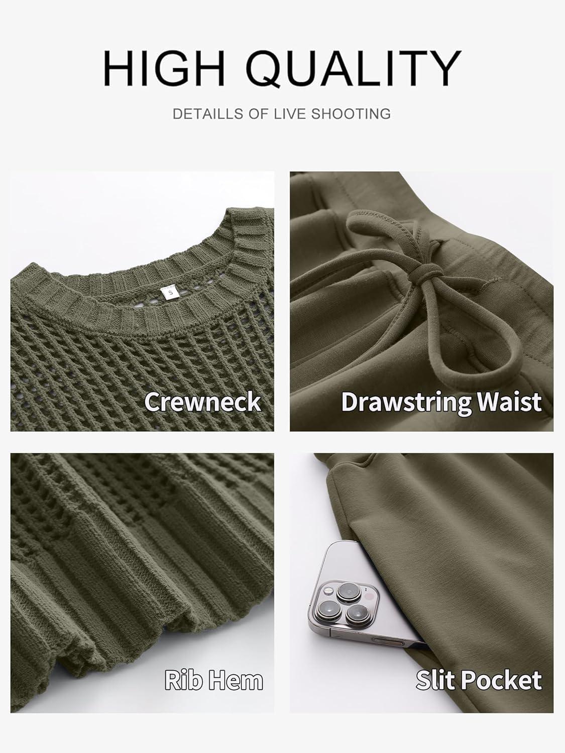 imageANRABESS Women Two Piece Outfits Crochet Sheer Knit Sweater Top Wide Leg Pants Lounge Matching Sets Sweatsuit Travel ClothesArmy Green