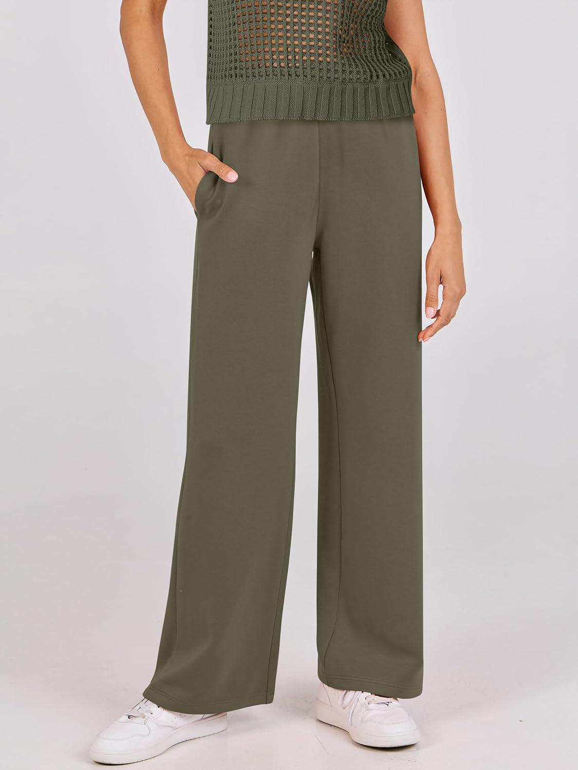 imageANRABESS Women Two Piece Outfits Crochet Sheer Knit Sweater Top Wide Leg Pants Lounge Matching Sets Sweatsuit Travel ClothesArmy Green