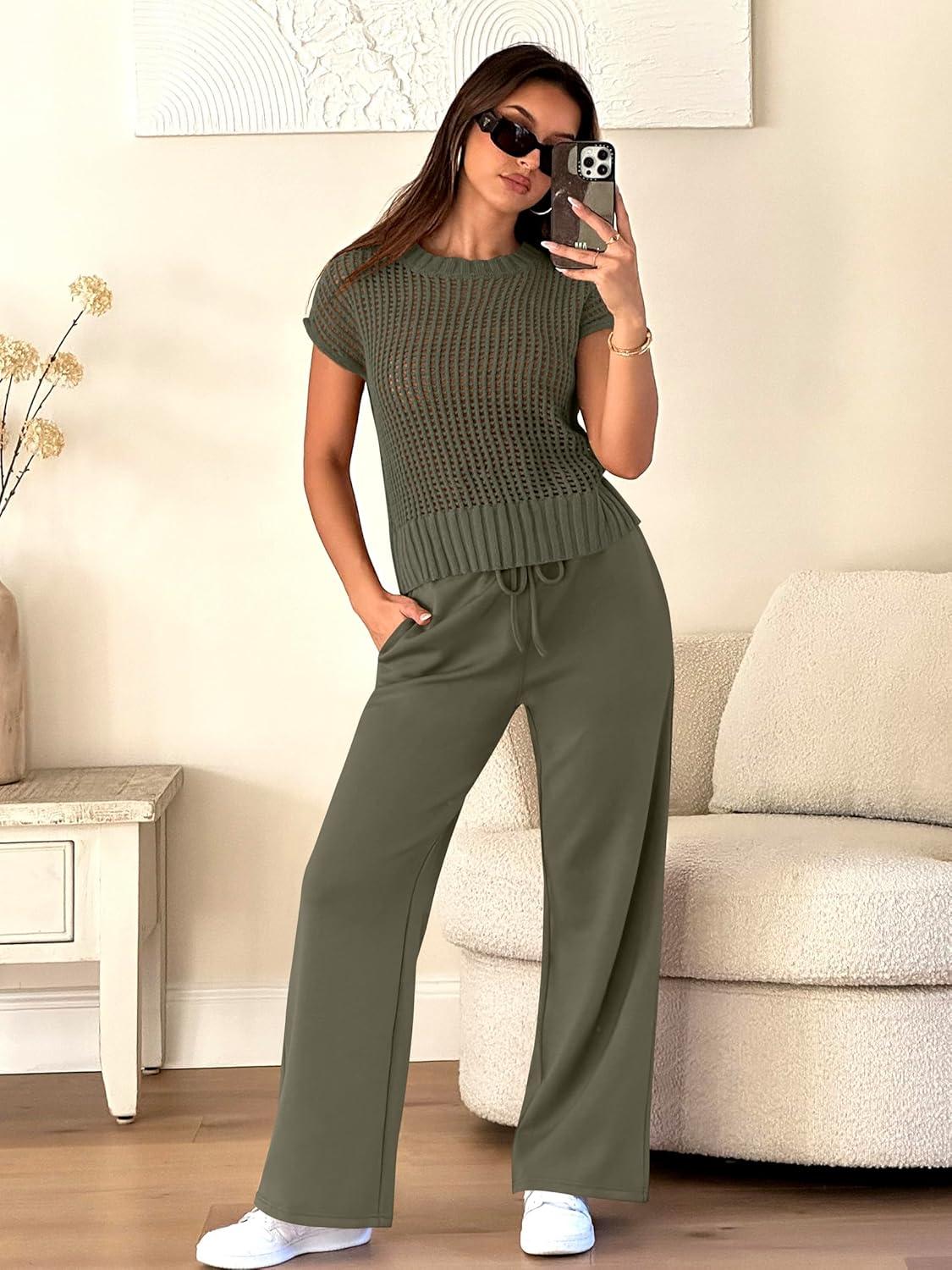 imageANRABESS Women Two Piece Outfits Crochet Sheer Knit Sweater Top Wide Leg Pants Lounge Matching Sets Sweatsuit Travel ClothesArmy Green