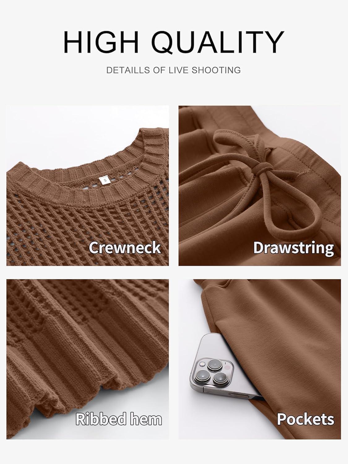 imageANRABESS Women Two Piece Outfits Crochet Sheer Knit Sweater Top Wide Leg Pants Lounge Matching Sets Sweatsuit Travel ClothesBrown