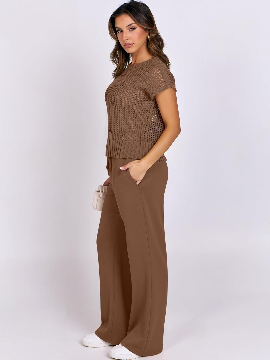 imageANRABESS Women Two Piece Outfits Crochet Sheer Knit Sweater Top Wide Leg Pants Lounge Matching Sets Sweatsuit Travel ClothesBrown