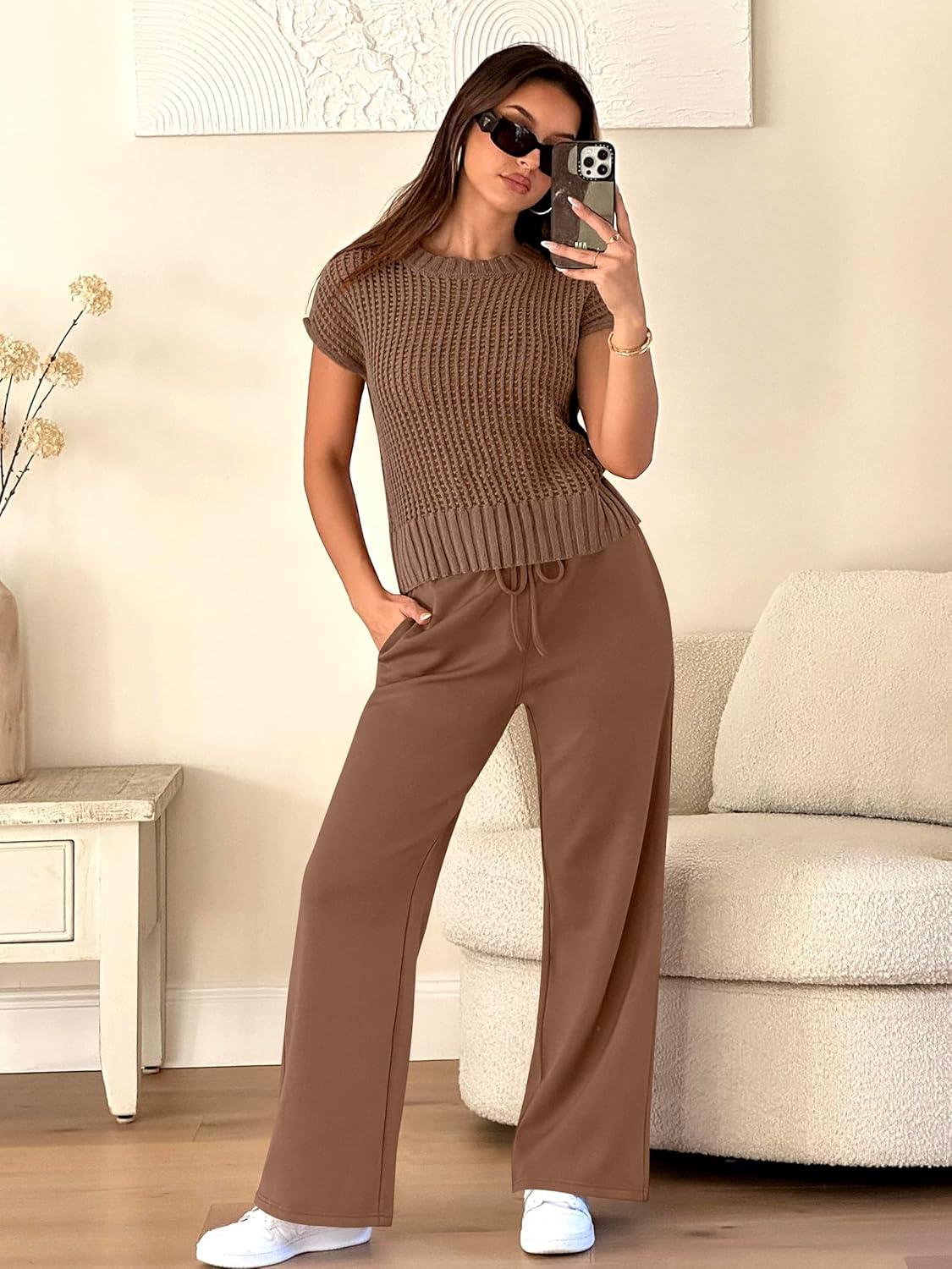 imageANRABESS Women Two Piece Outfits Crochet Sheer Knit Sweater Top Wide Leg Pants Lounge Matching Sets Sweatsuit Travel ClothesBrown